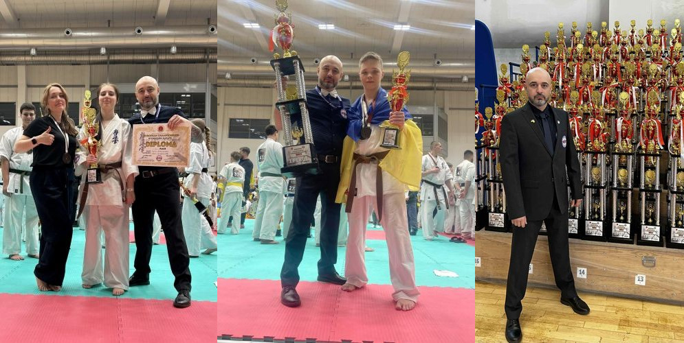 Колаж із фото нагородження каратистів із кубками та грамотами на татамі, а також фото чоловіка в костюмі на фоні численних спортивних трофеїв.