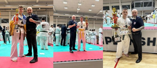 Колаж із трьох фотографій, на яких спортсмени в кімоно з нагородами та кубками стоять поруч із тренером на татамі під час змагань з карате.