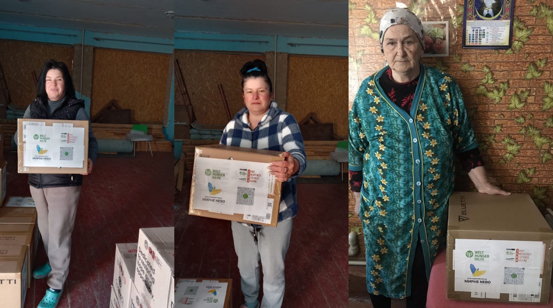 Колаж із трьох фотографій, на яких жінки тримають або стоять поруч із картонними коробками гуманітарної допомоги від організацій Welthungerhilfe та «Мирне небо».