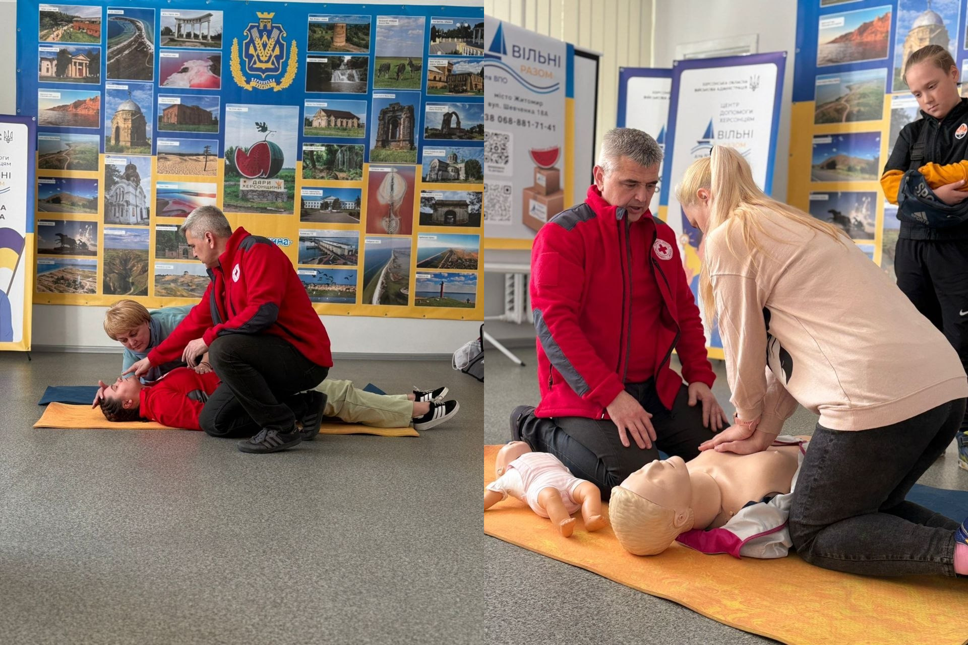 Колаж із фото тренінгу з першої допомоги: інструктор Червоного Хреста навчає техніці стабільного бокового положення та серцево-легеневої реанімації на манекені.