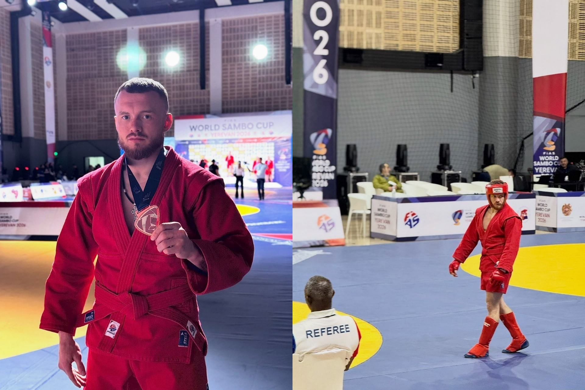 Колаж із двох фото зі змагань із самбо: на лівому боці спортсмен у червоному куртці (самбовці) з медаллю на шиї, на правому — боєць у захисному шоломі виходить на килим. На фоні видно банери Світового кубка з самбо та суддю.