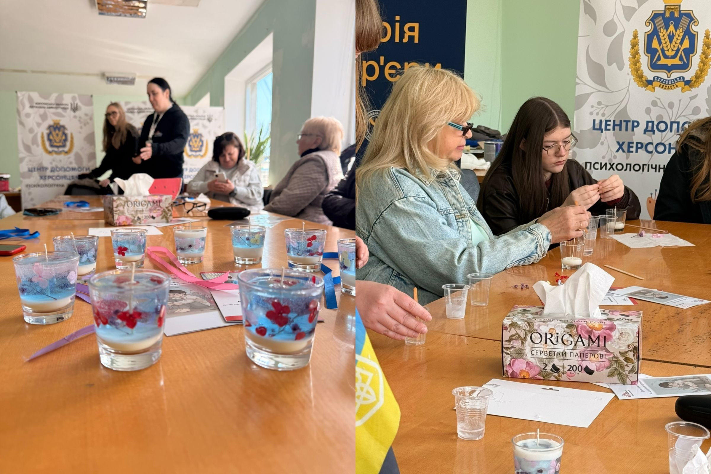 Колаж із двох фотографій, що ілюструють процес та результат майстер-класу з виготовлення декоративних свічок у центрі допомоги.