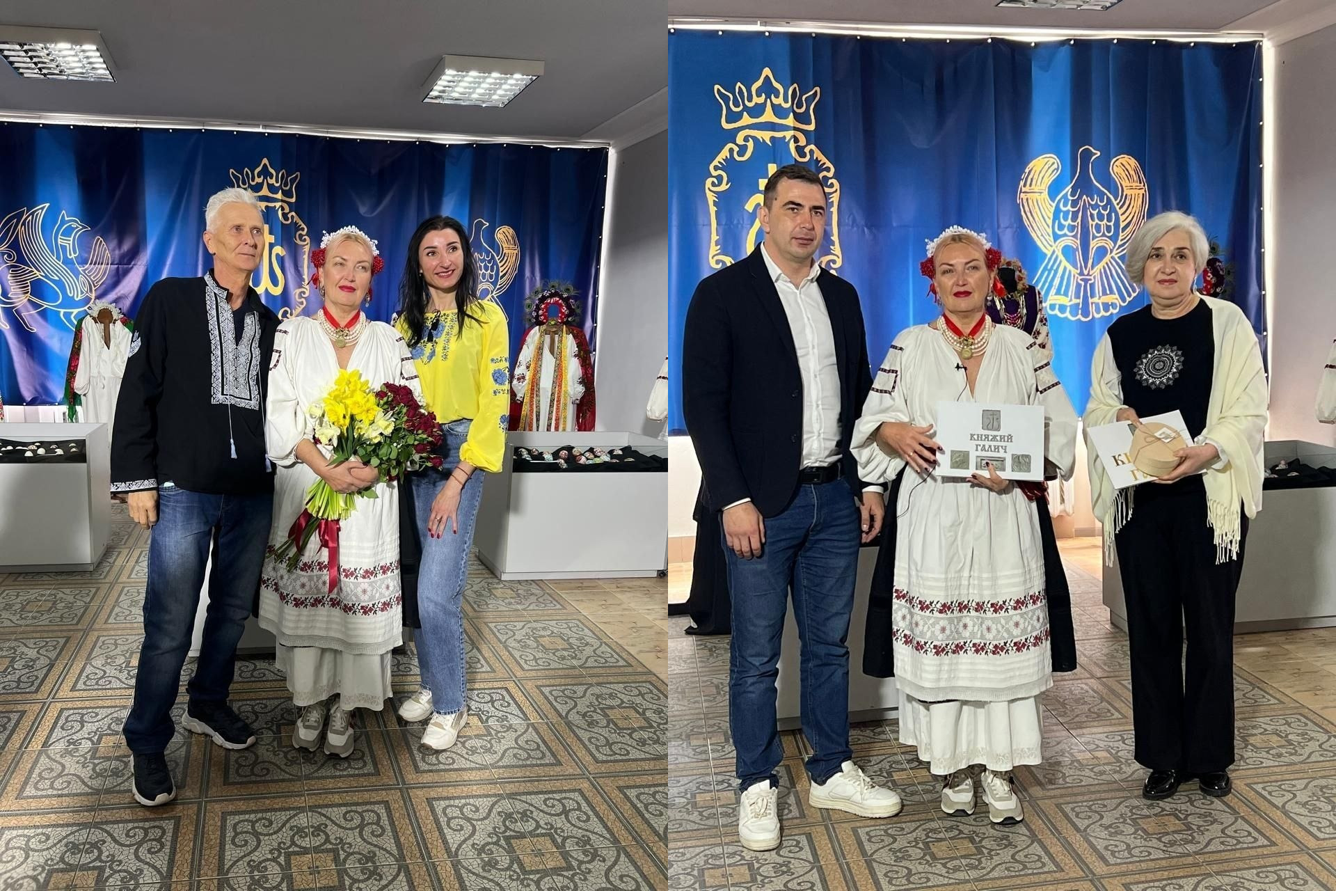 Колаж із двох світлин: люди у вишиванках та сучасному одязі позують у приміщенні на фоні синього банера з гербами. У центрі обох фото — жінка в традиційному народному строї з букетом квітів та грамотою.