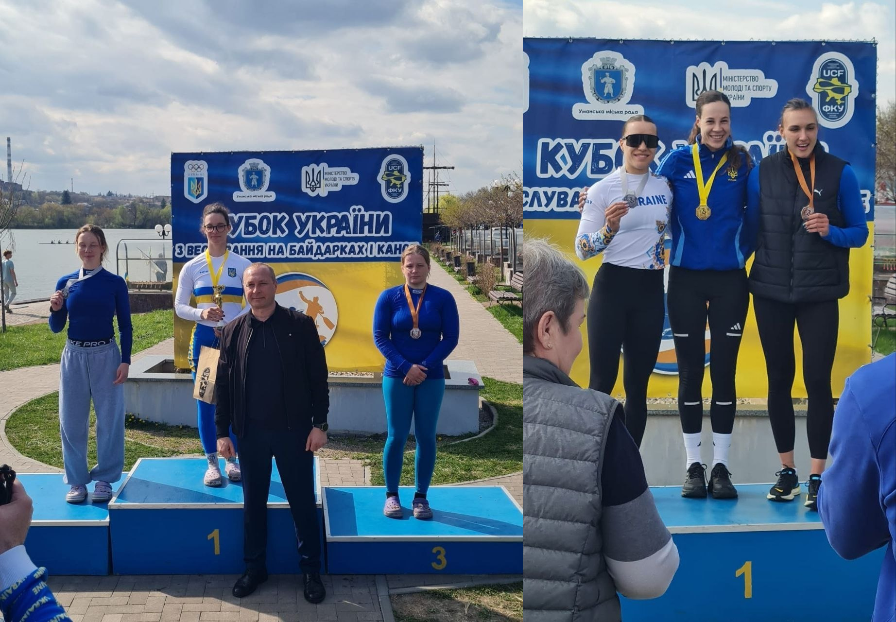 Колаж із двох фотографій з церемонії нагородження Кубка України з веслування. На обох знімках призерки в спортивній формі з медалями стоять на п’єдесталі на фоні синіх інформаційних банерів та річки.