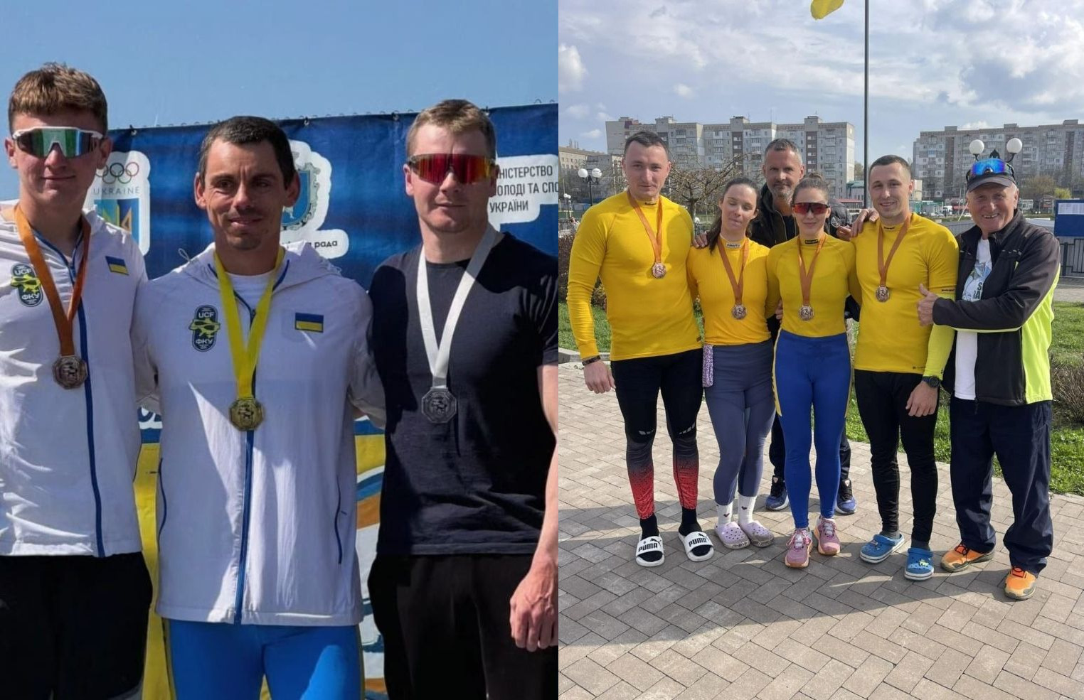 Колаж із двох світлин: ліворуч — троє спортсменів із медалями на фоні синього банера, праворуч — група людей у спортивній формі з нагородами, що позують на відкритому повітрі біля набережної.