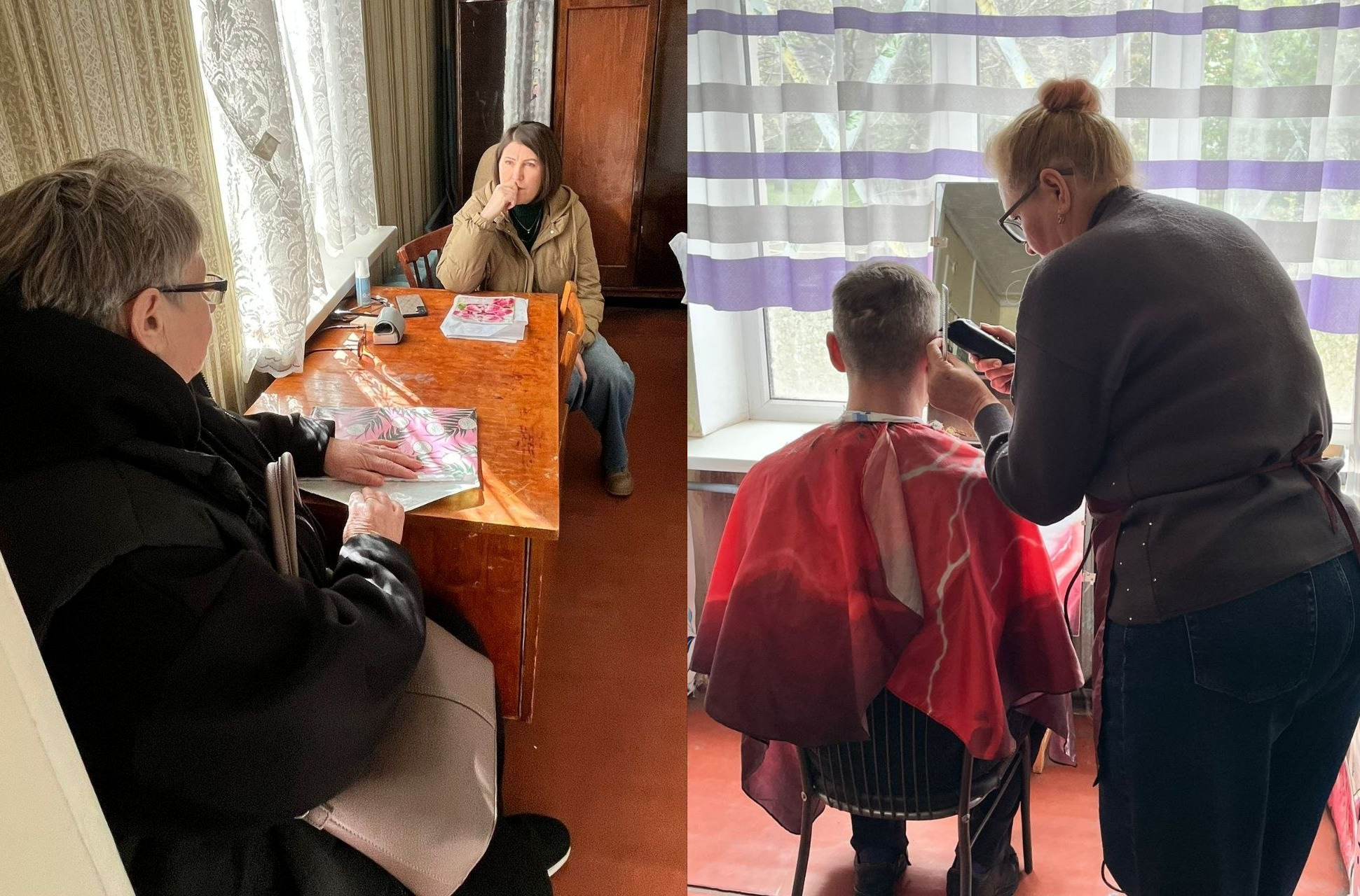 Колаж із двох фотографій, що ілюструють побутові сцени у приміщенні: на лівій частині двоє людей спілкуються за дерев'яним столом біля вікна, на правій — перукарка робить стрижку чоловікові, накритому червоною накидкою.