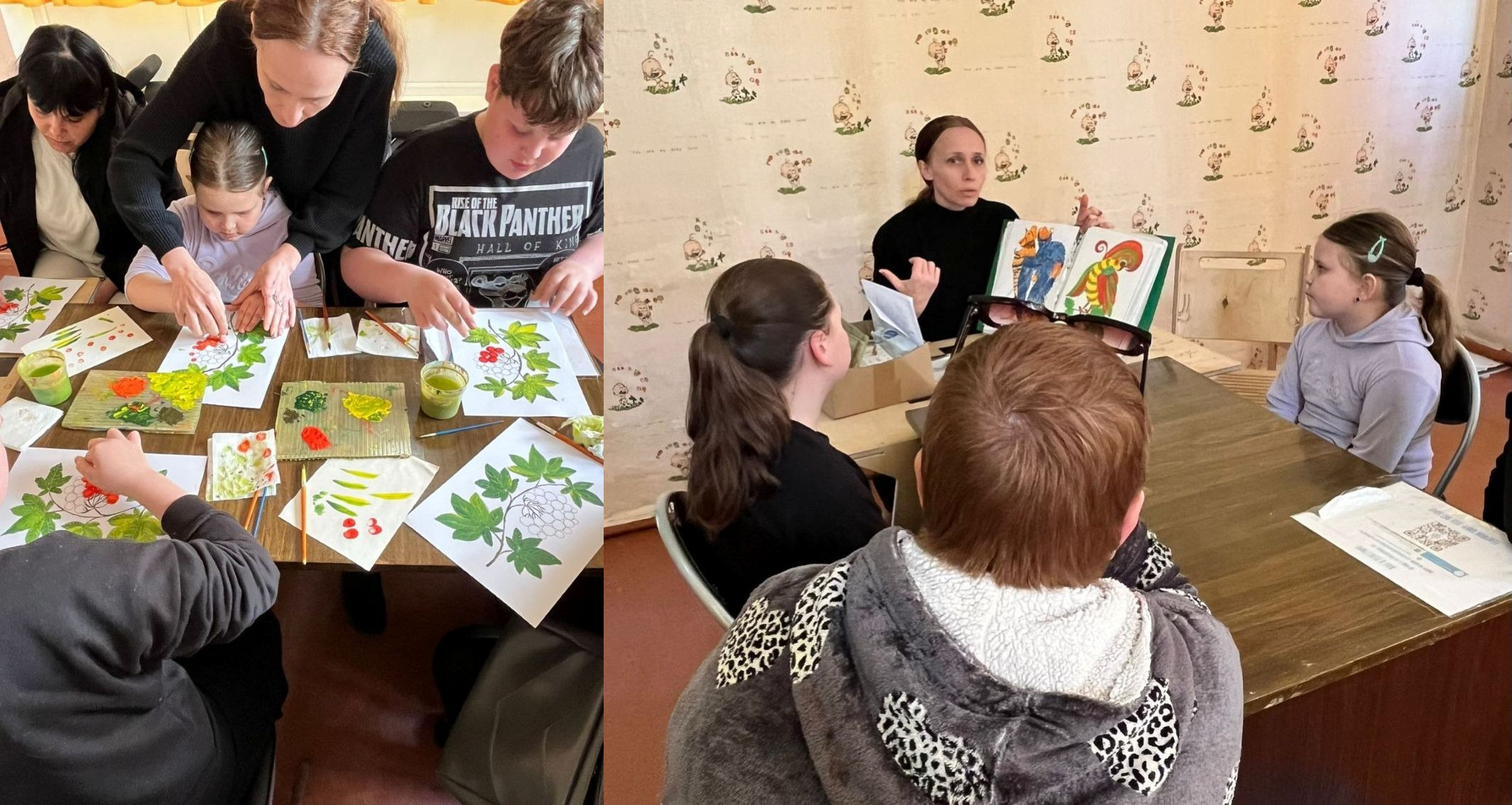 Колаж із двох фото про заняття з дітьми: ліворуч — діти та дорослі разом займаються творчістю, розфарбовуючи малюнки з рослинними мотивами; праворуч — жінка проводить читання або бесіду для групи дітей, показуючи ілюстрації в книжці.