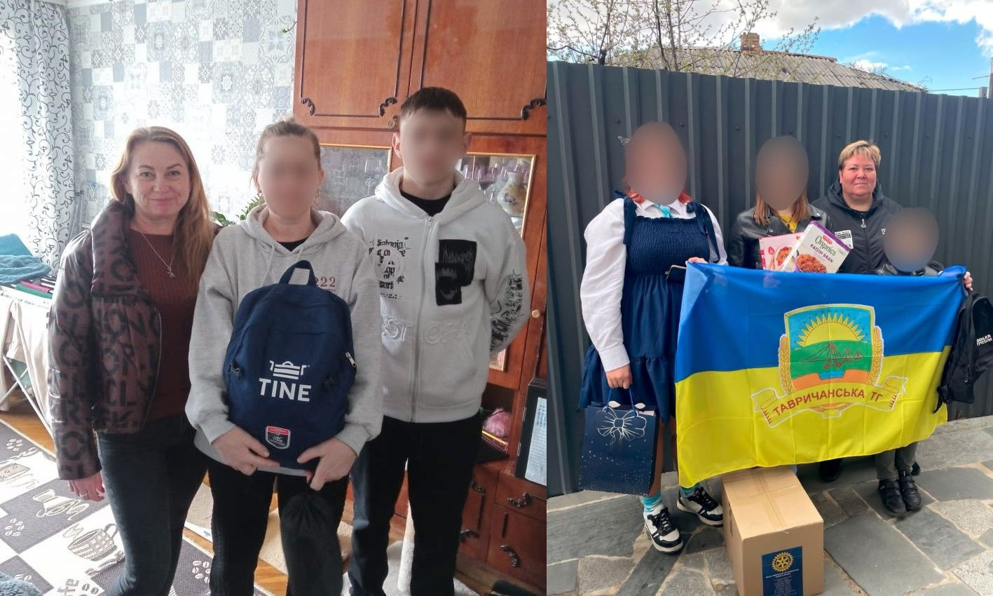 Колаж із двох фото: зліва — підліток із новим рюкзаком у кімнаті; справа — люди на вулиці з прапором Тавричанської громади та коробками гуманітарної допомоги.