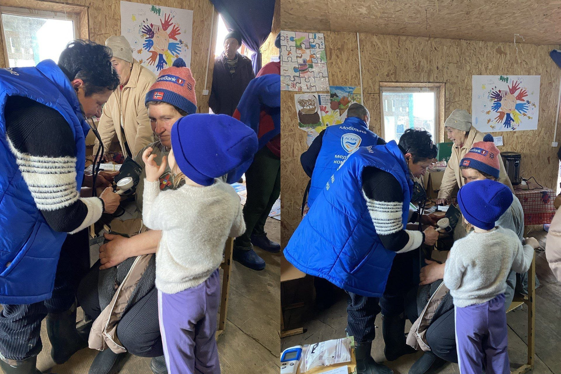 Колаж із двох фото, що ілюструють роботу мобільної медичної команди: медики в синіх жилетах проводять огляд пацієнтів у сільській місцевості. На знімках зафіксовано процес вимірювання артеріального тиску жінці в присутності маленької дитини та інших місцевих жителів.