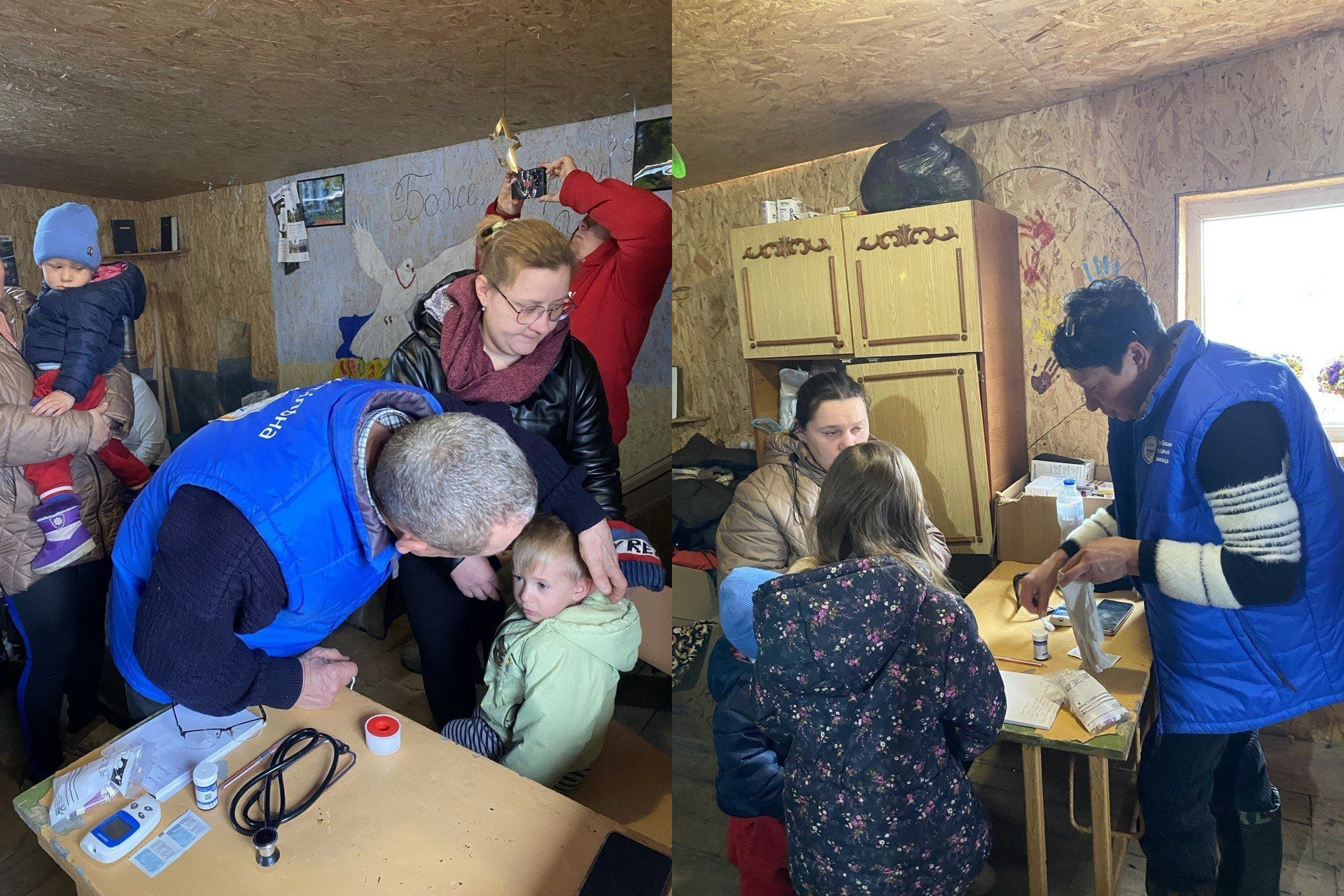 Колаж із двох фото про надання медичної допомоги в польових умовах: ліворуч — медик у синьому жилеті оглядає дитину, на столі поруч лежать стетоскоп та медичне обладнання; праворуч — фахівець консультує жінку з дітьми та готує медикаменти в приміщенні з дерев’яним оздобленням.