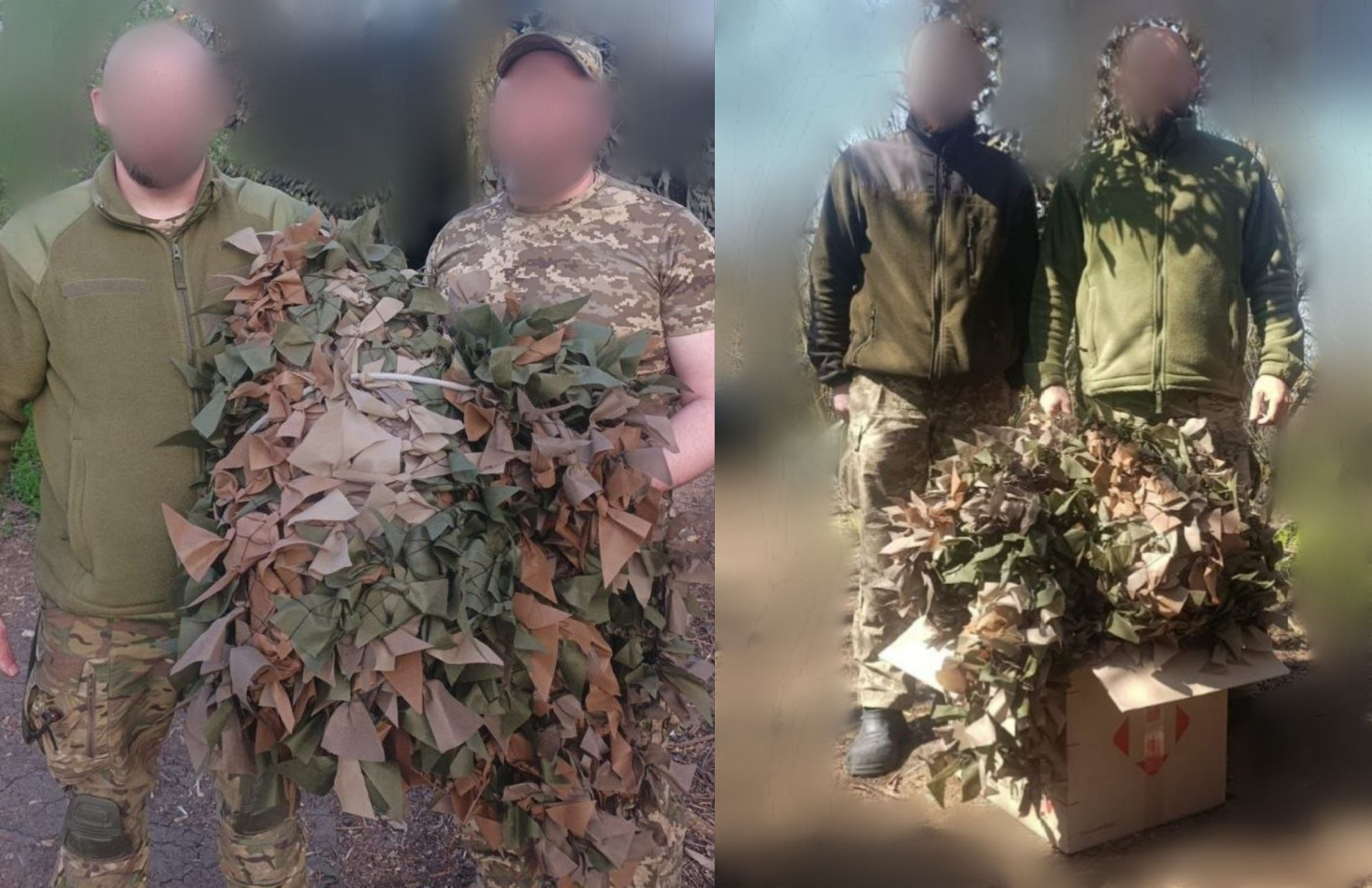Колаж із двох фото, на яких військові демонструють маскувальні сітки: ліворуч двоє чоловіків тримають розгорнуту сітку з клаптів захисного кольору, праворуч — військові стоять поруч із картонною коробкою, з якої виглядає така ж сітка. Обличчя людей на знімках розмиті.