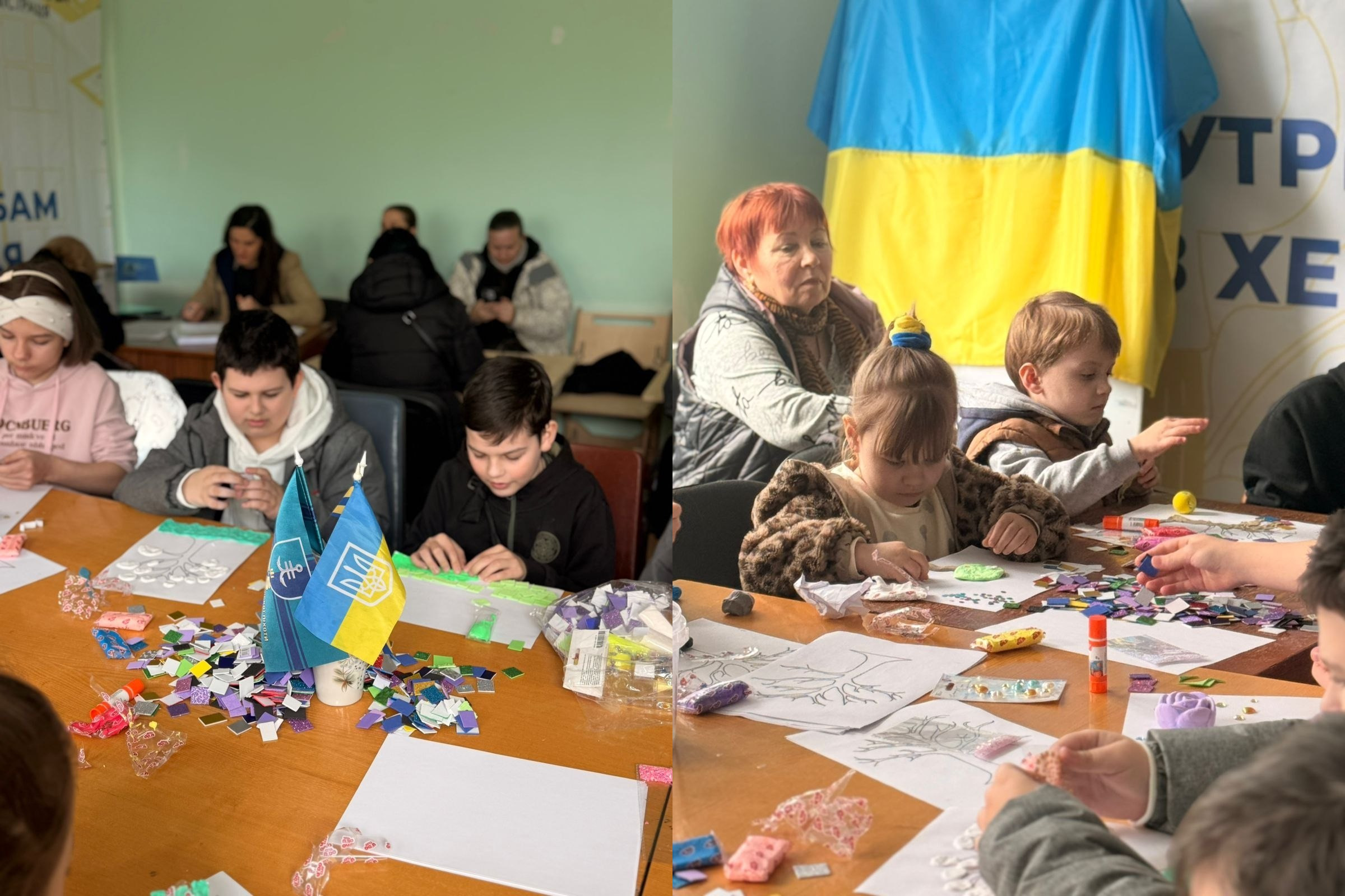 Колаж із двох фото, де діти займаються творчістю за столом, викладаючи мозаїку або аплікацію. На столах стоять маленькі прапорці України, а на фоні одного з кадрів видно великий державний стяг.