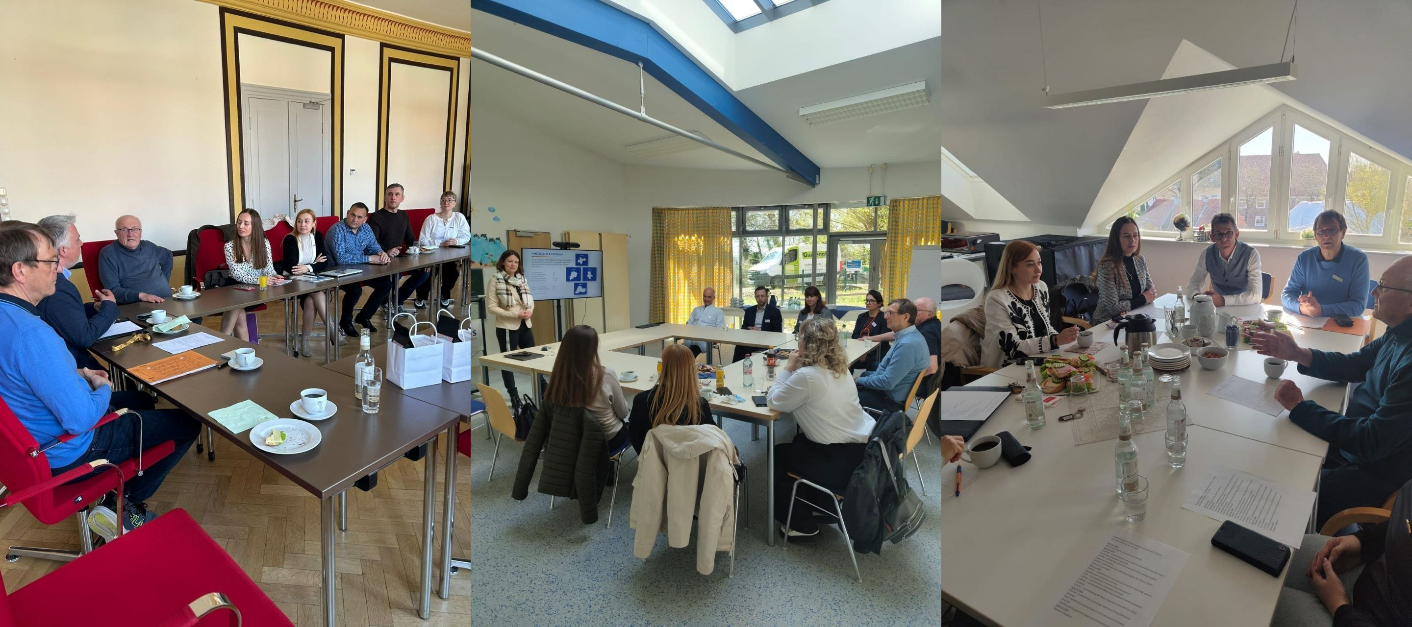 Колаж із трьох світлин, на яких зафіксовано робочі зустрічі та тренінги в офісних приміщеннях. Учасники сидять за столами, спілкуються та переглядають презентації у форматі круглих столів або нарад.