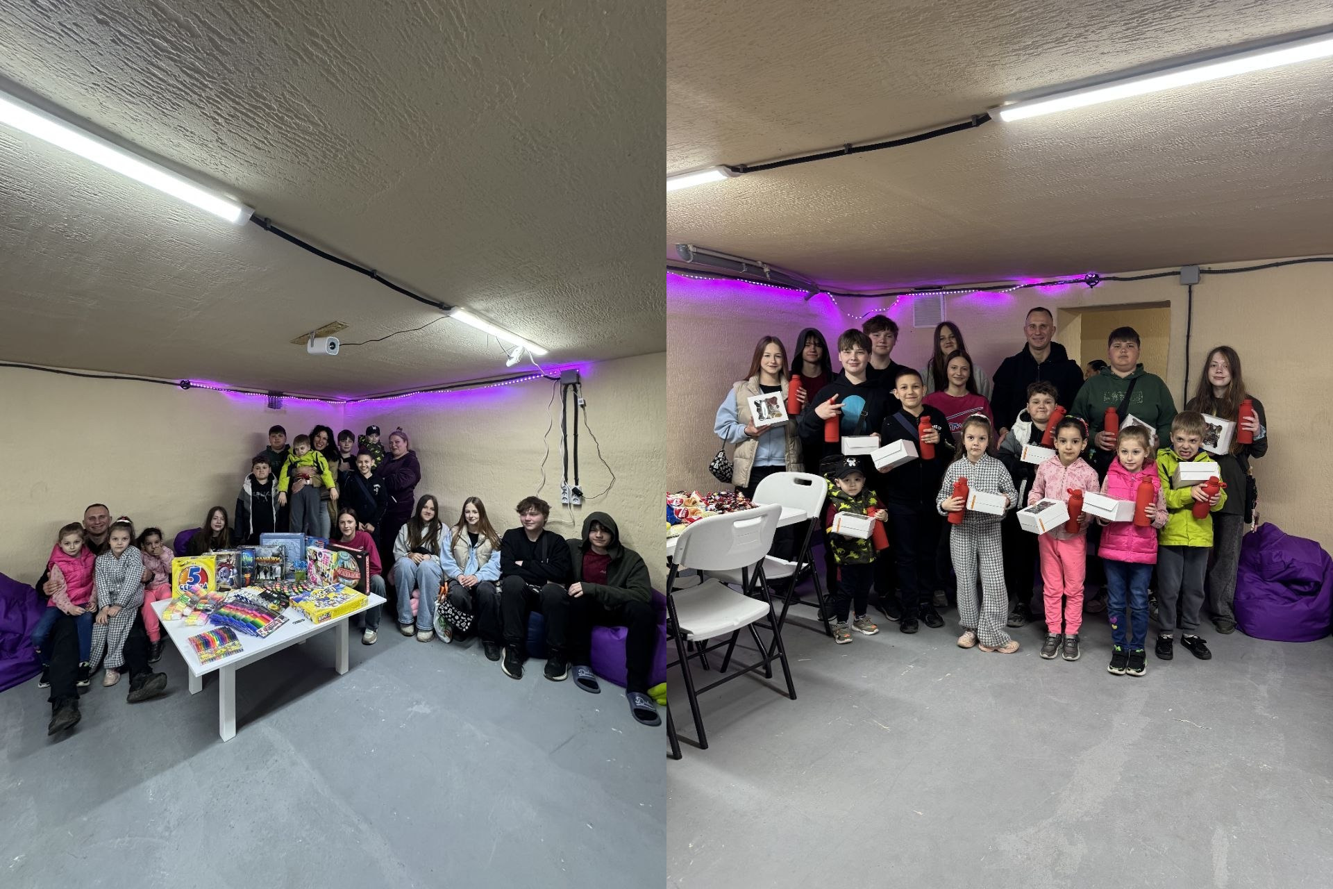 Колаж із двох фотографій, що ілюструють дозвілля дітей у спеціально облаштованому приміщенні (укритті). На лівому фото діти та дорослі зібралися навколо столу з настільними іграми та солодощами. На правому фото група дітей радісно позує з отриманими подарунками в руках.