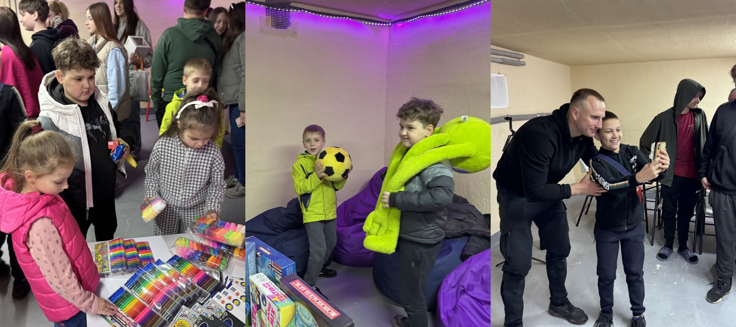 Колаж із трьох фотографій, що демонструють активності дітей в облаштованому приміщенні. Ліворуч — діти розглядають набори фломастерів на столі. У центрі — хлопчики граються з м'ячем та великою м'якою іграшкою біля крісел-мішків. Праворуч — дорослий чоловік і підліток роблять спільне селфі.