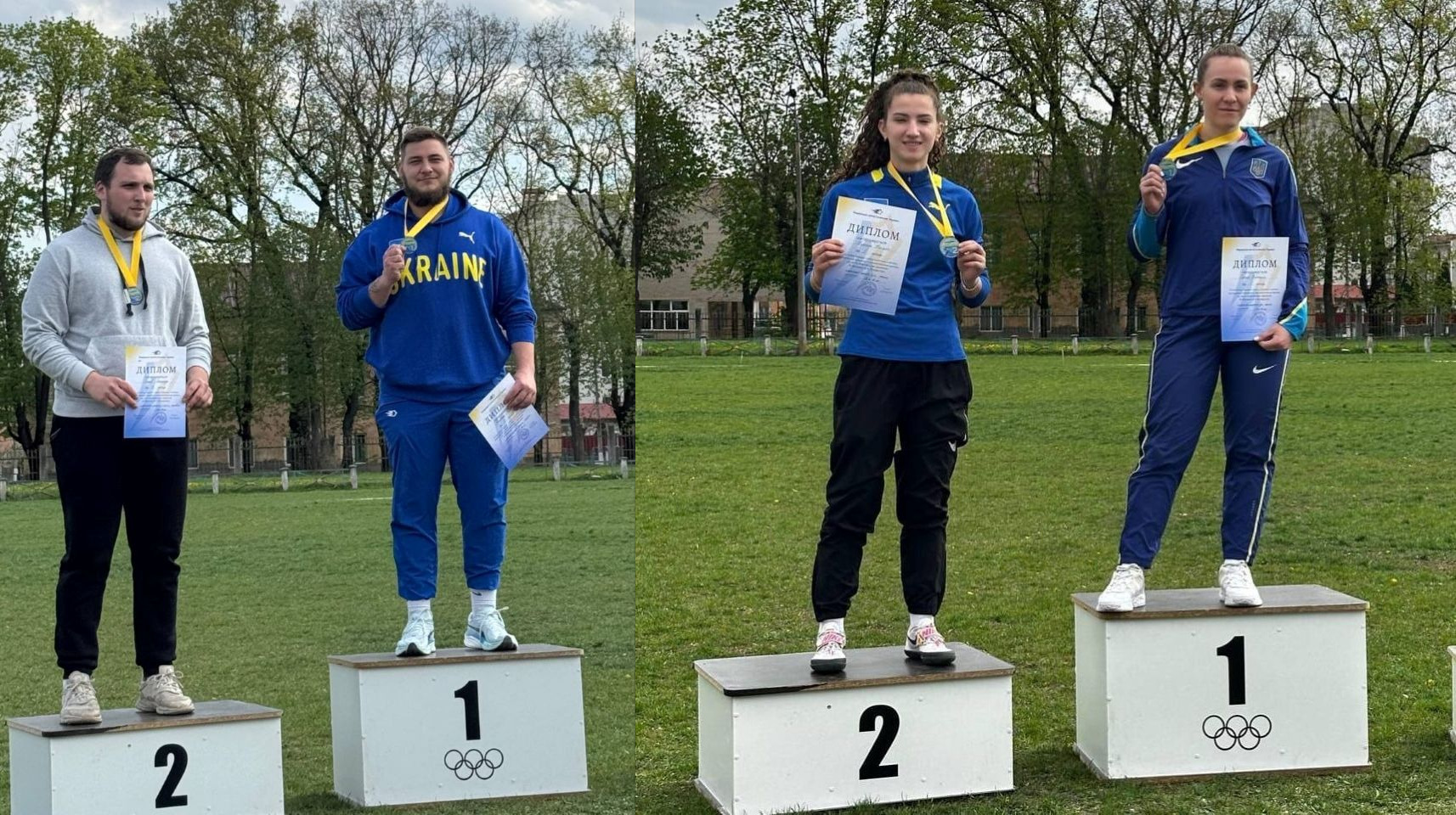 Колаж із двох фото, на яких спортсмени та спортсменки стоять на п’єдесталі пошани. Призери в спортивній формі тримають дипломи та медалі на тлі стадіону.