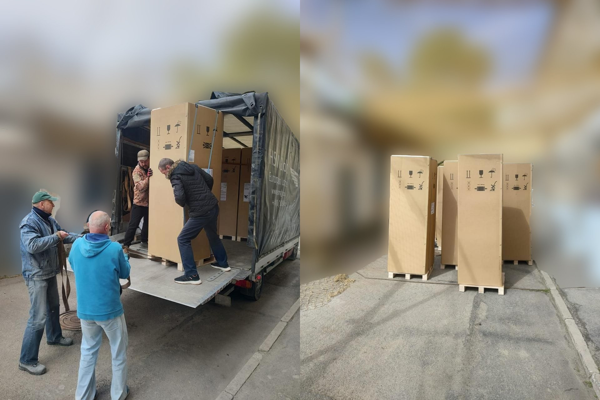 Колаж із двох фотографій із розмитим фоном. На знімках зафіксовано процес розвантаження великогабаритного вантажу в картонних коробках із фури та їх розміщення на вулиці.
