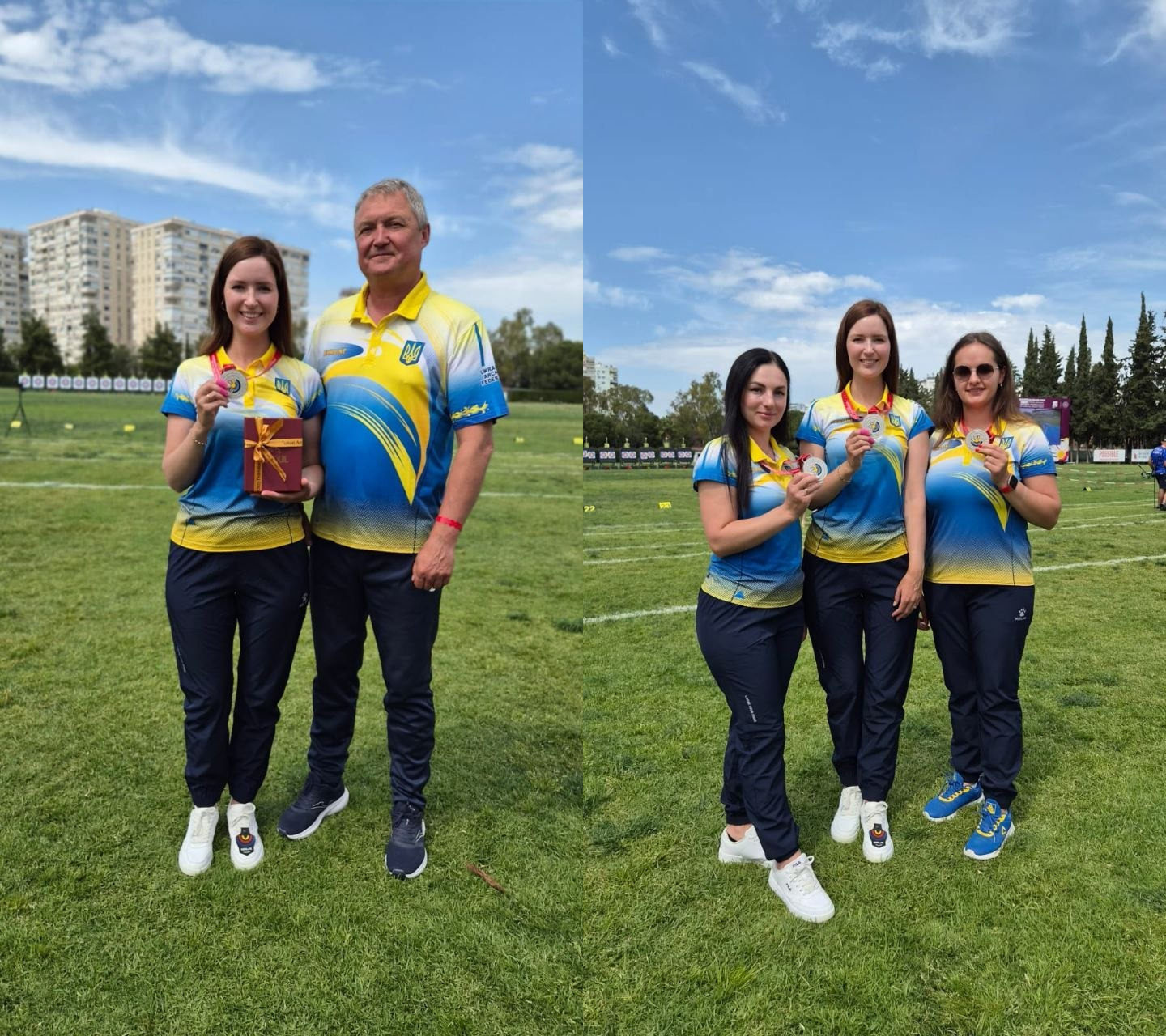 Колаж із двох фотографій зі спортсменами на зеленому полі під відкритим небом. На лівому знімку чоловік та жінка у синьо-жовтій спортивній формі тримають медаль та подарунок. На правому знімку три жінки у такій самій формі демонструють свої нагороди. На задньому плані видно спортивне поле та міські будівлі.