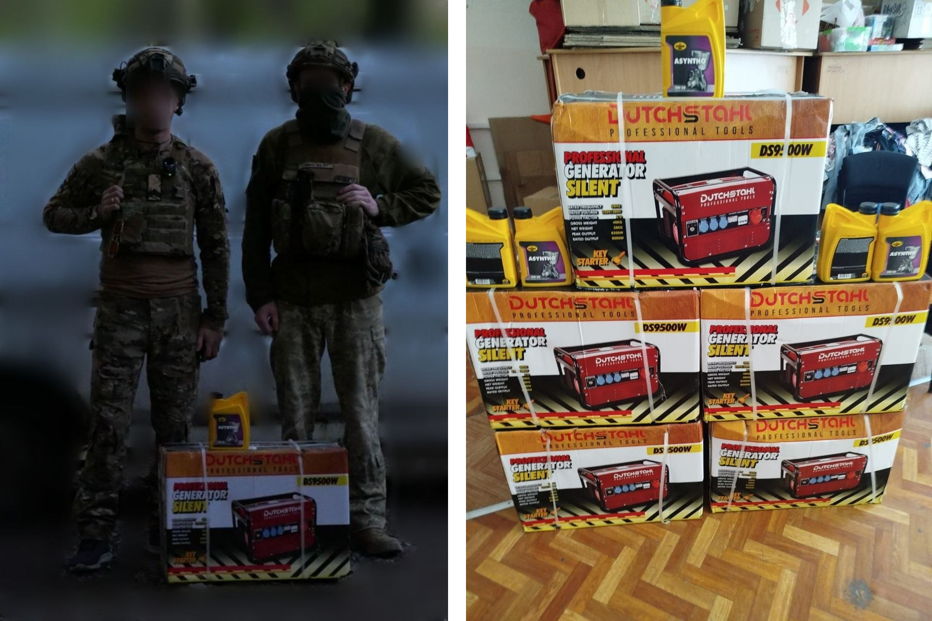 Колаж із двох фото: зліва двоє військових у повному спорядженні стоять поруч із коробкою генератора «Dutchstahl» на вулиці; справа — стос таких же коробок із генераторами та каністрами мастила у приміщенні.