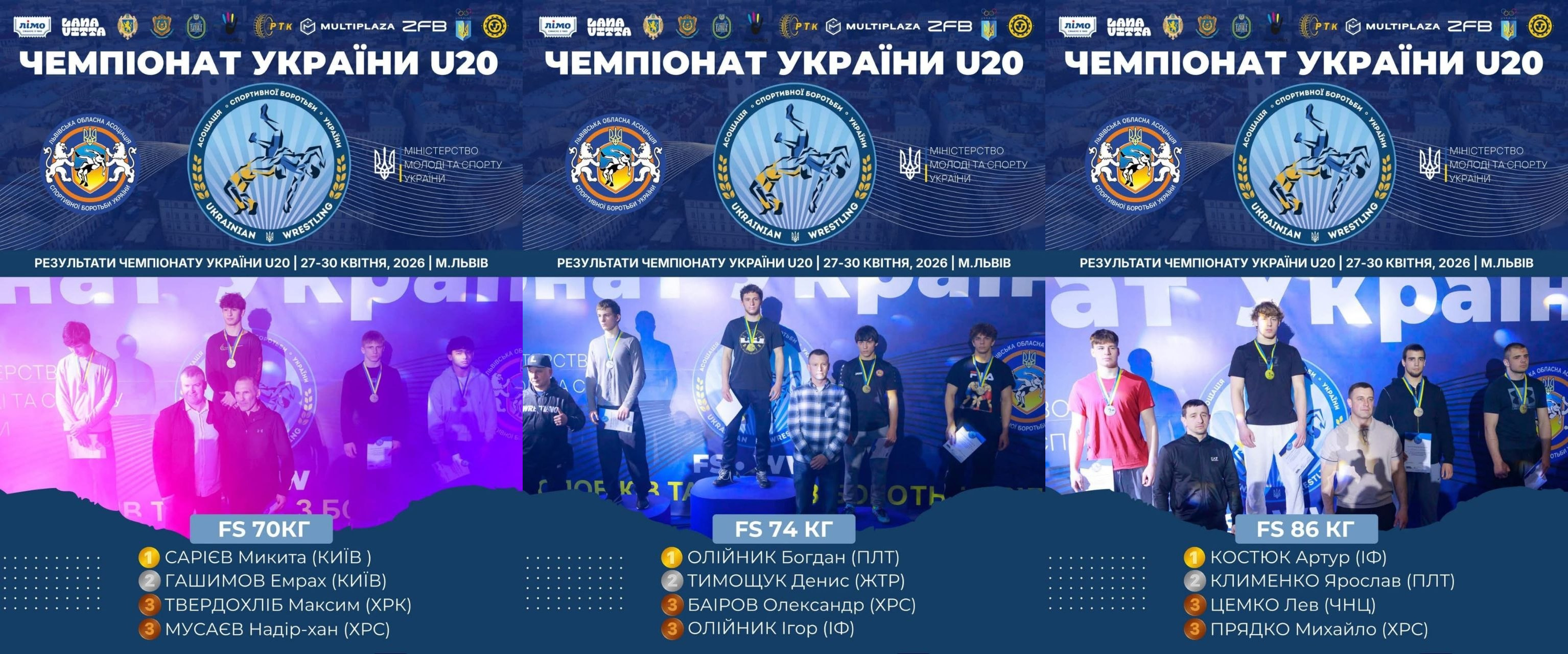 Колаж із трьох фотографій з церемоній нагородження Чемпіонату України з вільної боротьби U20. На знімках спортсмени стоять на п'єдесталі, а під кожним фото наведено списки призерів у вагових категоріях 70 кг, 74 кг та 86 кг.