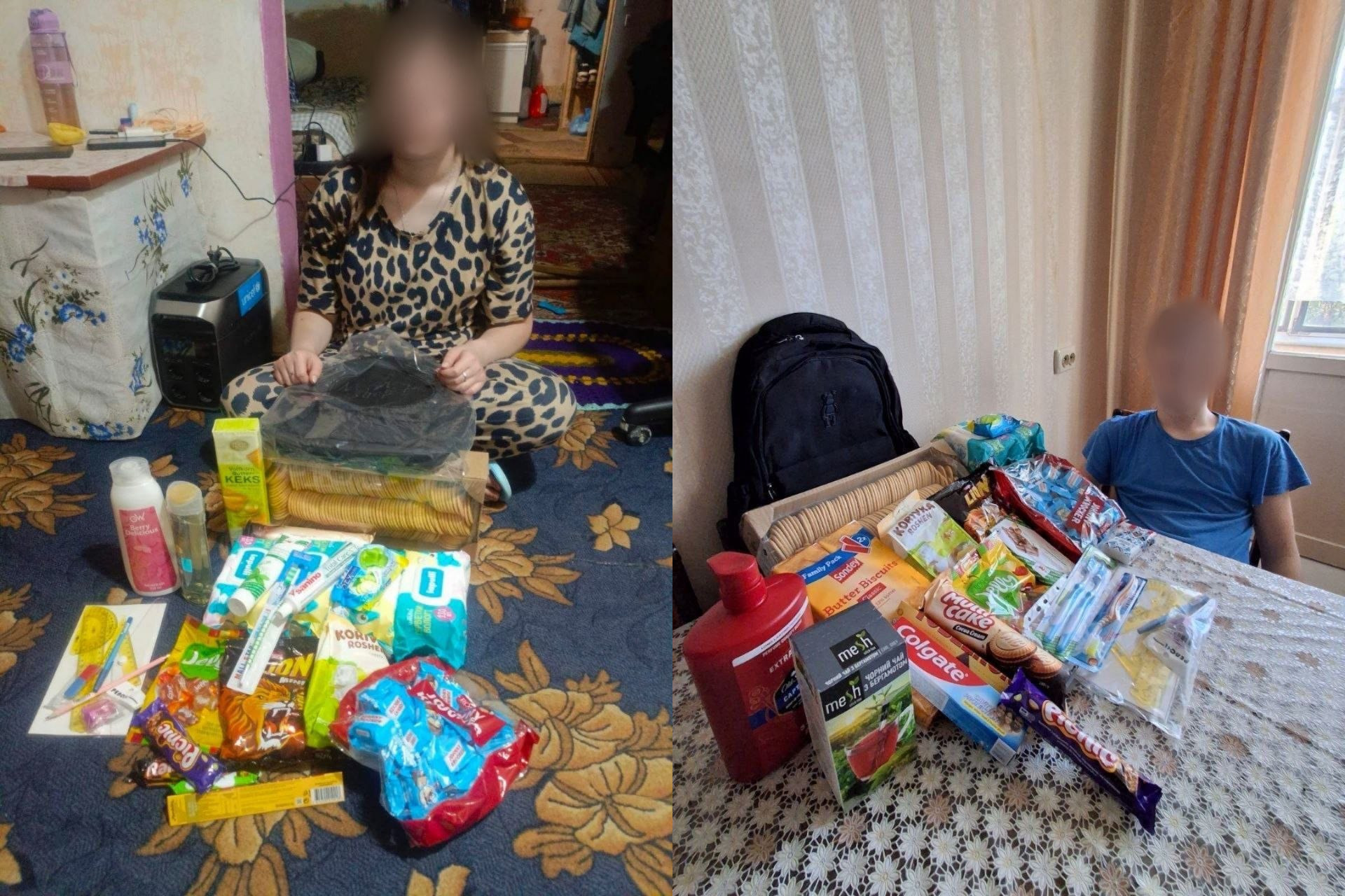 Колаж із двох фото, на яких діти з розмитими обличчями сидять поруч із гуманітарною допомогою. На знімках видно пакунки з печивом, солодощами, зубними щітками, засобами гігієни та новими рюкзаками.