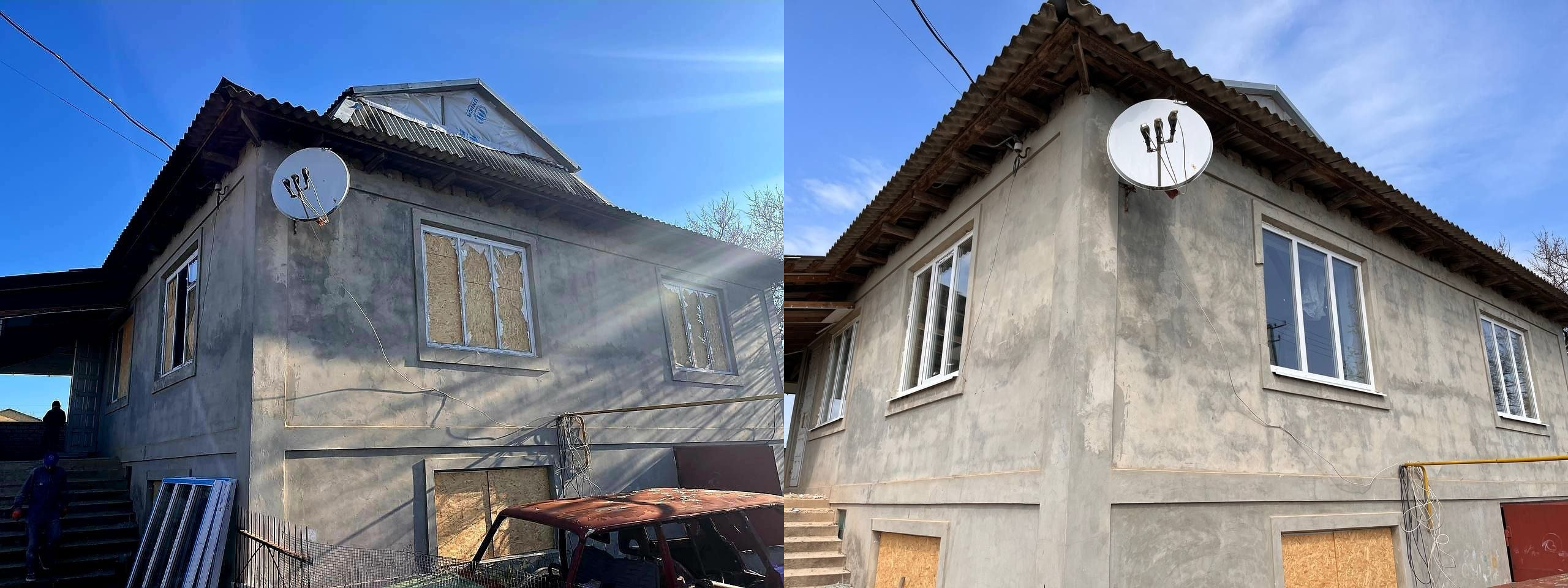 Колаж «до та після» ремонту двоповерхового будинку: зліва віконні прорізи забиті фанерою, справа — встановлені нові великі металопластикові вікна.