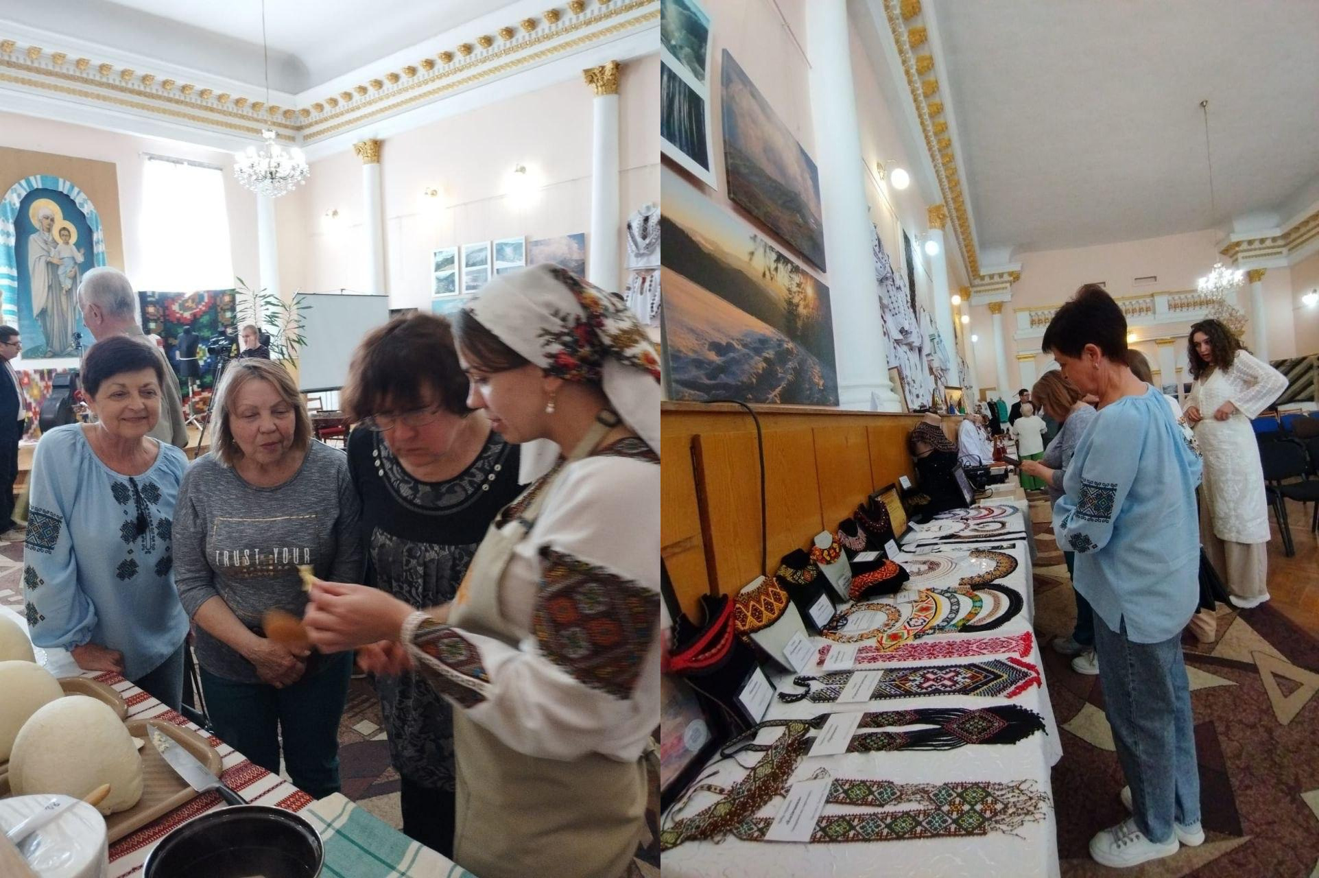 Колаж зі світлинами з виставки народних промислів у світлій залі: відвідувачі розглядають експонати, серед яких традиційні українські прикраси з бісеру та етно-вироби ручної роботи.