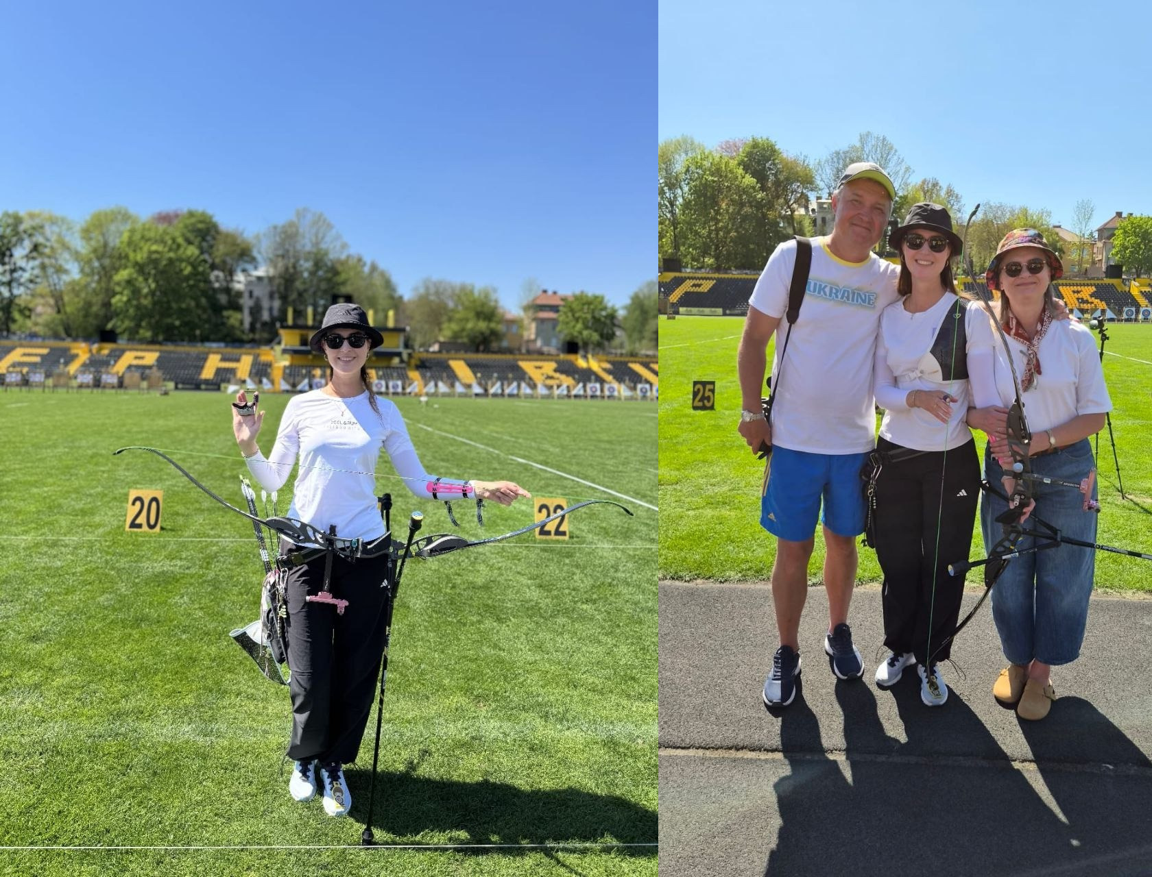 Колаж із двох фотографій на стадіоні: зліва дівчина-лучниця позує на зеленому полі з луком у руках, справа — група з трьох людей зі спорядженням для стрільби з лука на фоні трибун.