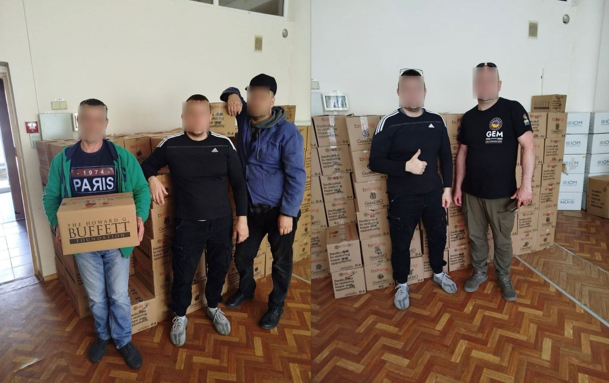 Два знімки з приміщення, де складено коробки з гуманітарною допомогою. Ліворуч — троє чоловіків стоять біля коробок, один тримає вантаж із написом «The Howard G. Buffett Foundation». Праворуч — двоє чоловіків позиціюють на тлі допомоги, один показує жест «клас». Обличчя людей розмиті.