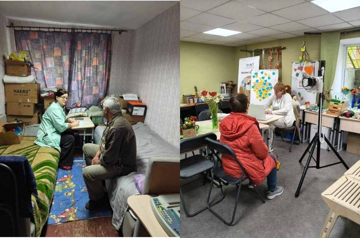Колаж із двох фотографій, що ілюструють надання допомоги чи консультацій. На лівому знімку жінка в медичному халаті спілкується з чоловіком у невеликій кімнаті з ліжками та коробками. На правому — жінка за ноутбуком консультує людину в червоній куртці у світлому приміщенні, прикрашеному квітами та плакатами.