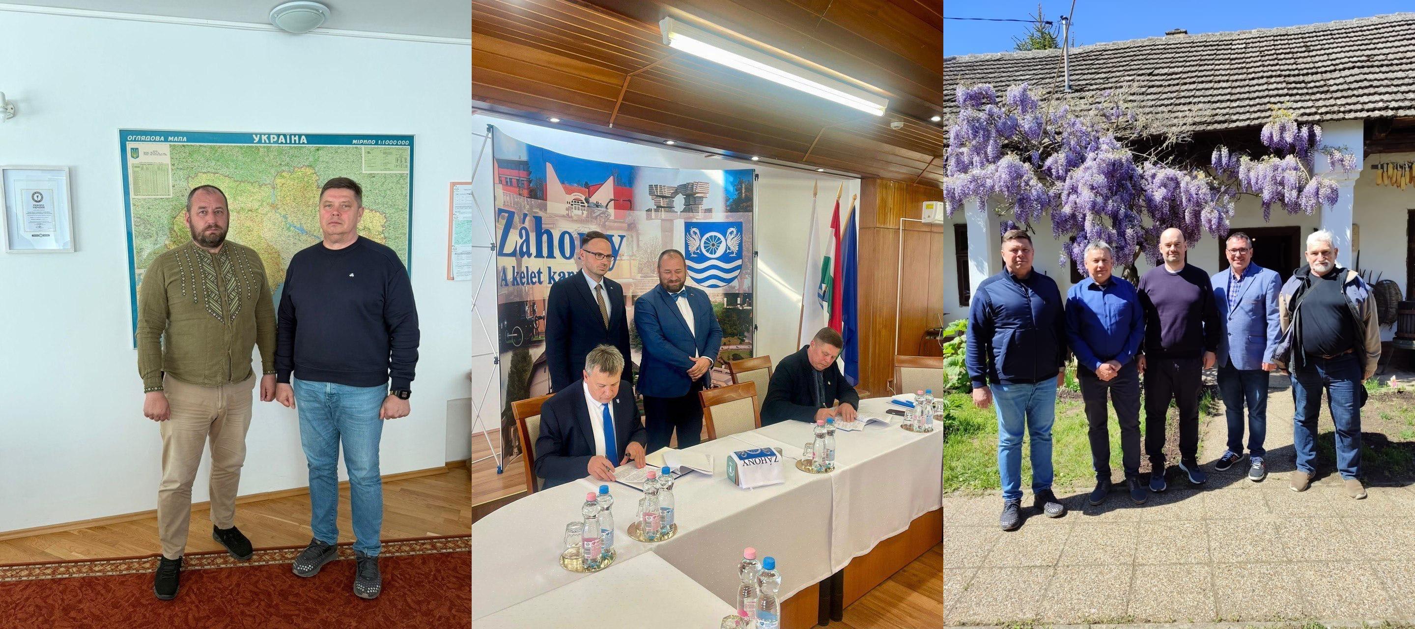 Колаж із трьох фотографій ділової зустрічі та візиту. На першому знімку двоє чоловіків стоять у приміщенні на тлі карти України. На другому — група чоловіків під час підписання документів за столом у залі засідань. На третьому — п'ятеро чоловіків стоять на вулиці біля будівлі під квітучим фіолетовим деревом.