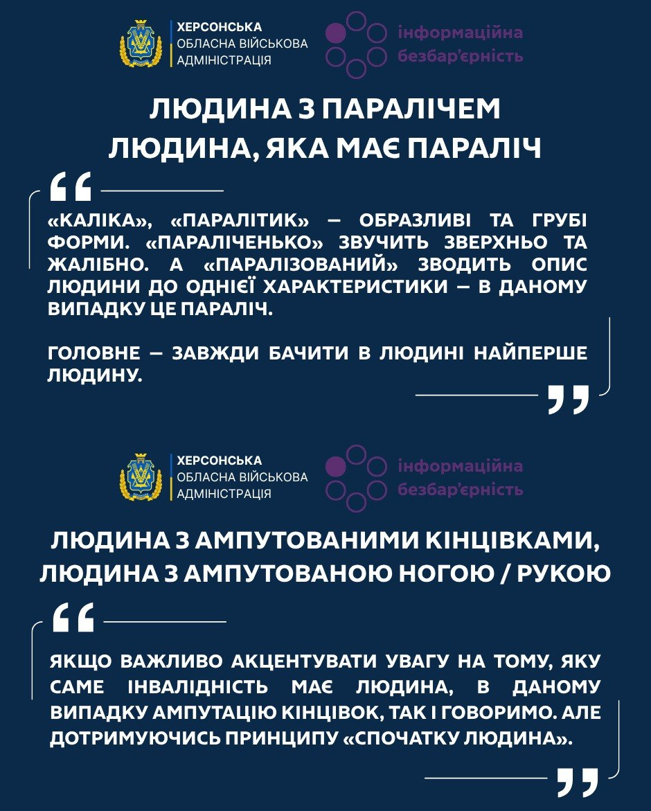 Інформаційна картка Херсонської ОВА про коректну термінологію, яка рекомендує вживати вислови «людина з паралічем» та «людина з ампутованими кінцівками» замість образливих слів.