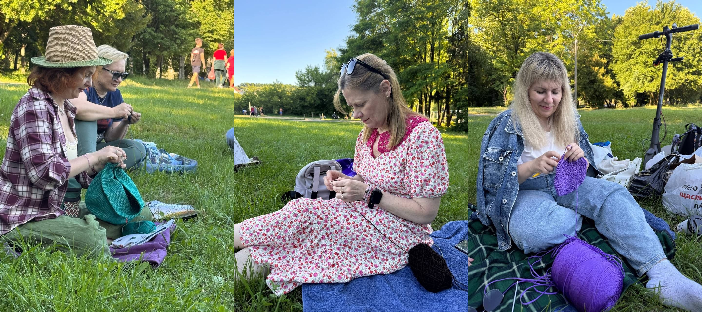 Колаж із трьох фотографій, на яких жінки сидять на траві в парку та займаються в'язанням. Вони зосереджено працюють із пряжею різних кольорів (зеленою, чорною та фіолетовою), відпочиваючи на підстилках у сонячний день.