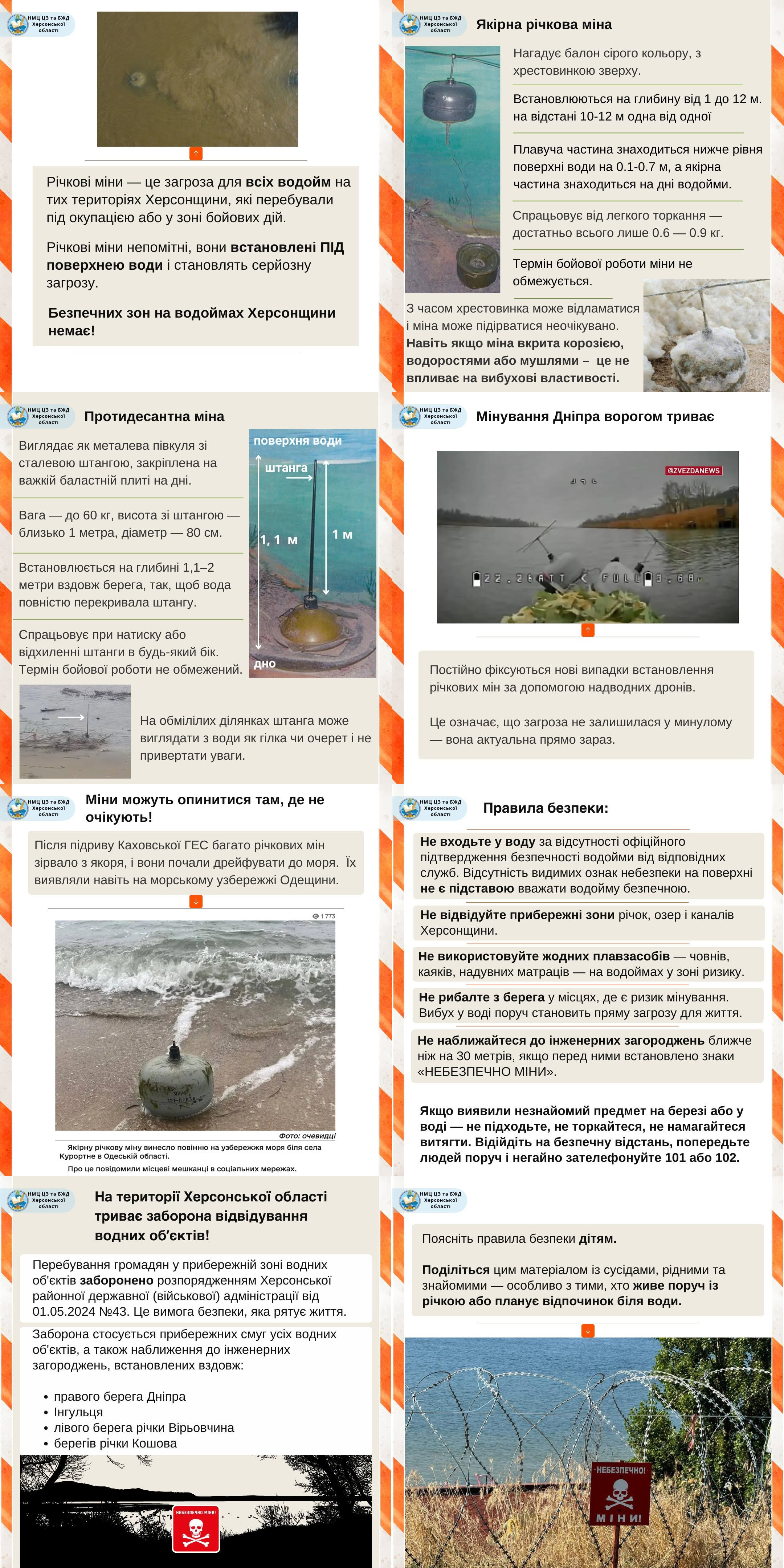 Інформаційний плакат (пам'ятка) про мінну небезпеку на водоймах Херсонщини, що містить опис типів мін, правила безпеки та фотографії загрозливих предметів.