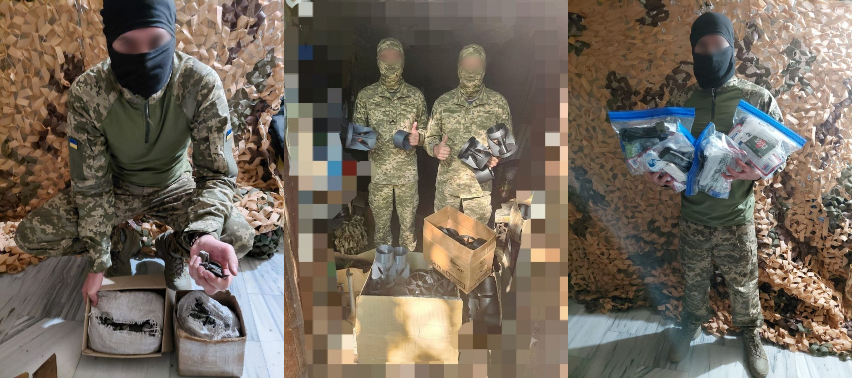 Колаж із трьох фото військових у балаклавах та камуфляжі, які показують допомогу: боєць біля коробок із деталями, двоє бійців із хвостовиками для скидів та військовий із зип-пакетами медикаментів.