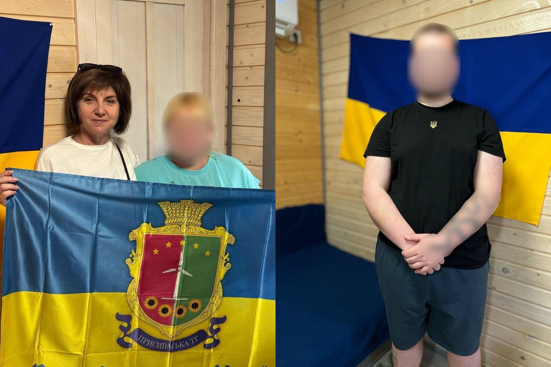 Колаж із двох фотографій у приміщенні з дерев'яним оздобленням. Ліворуч — дві жінки тримають синьо-жовтий прапор із гербом Присиваської територіальної громади. Праворуч — хлопець у чорній футболці з малим гербом України стоїть на тлі великого українського прапора.