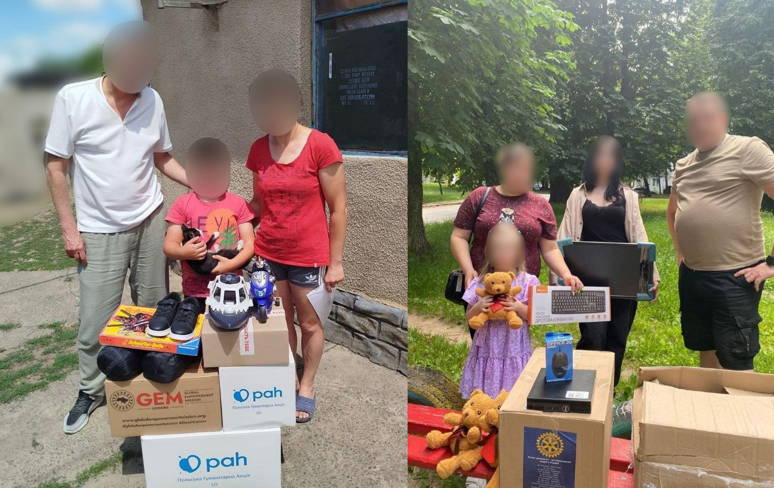 Колаж із двох фотографій, на яких зафіксовано видачу благодійної допомоги родинам на вулиці. Ліворуч дорослі та дитина стоять біля картонних коробок із логотипами фондів, тримаючи нове взуття, іграшки та кошеня. Праворуч група людей із дитиною позує біля великих коробок, тримаючи в руках ноутбук, комп'ютерну периферію та м'яку іграшку. Обличчя всіх людей на знімках розмиті.