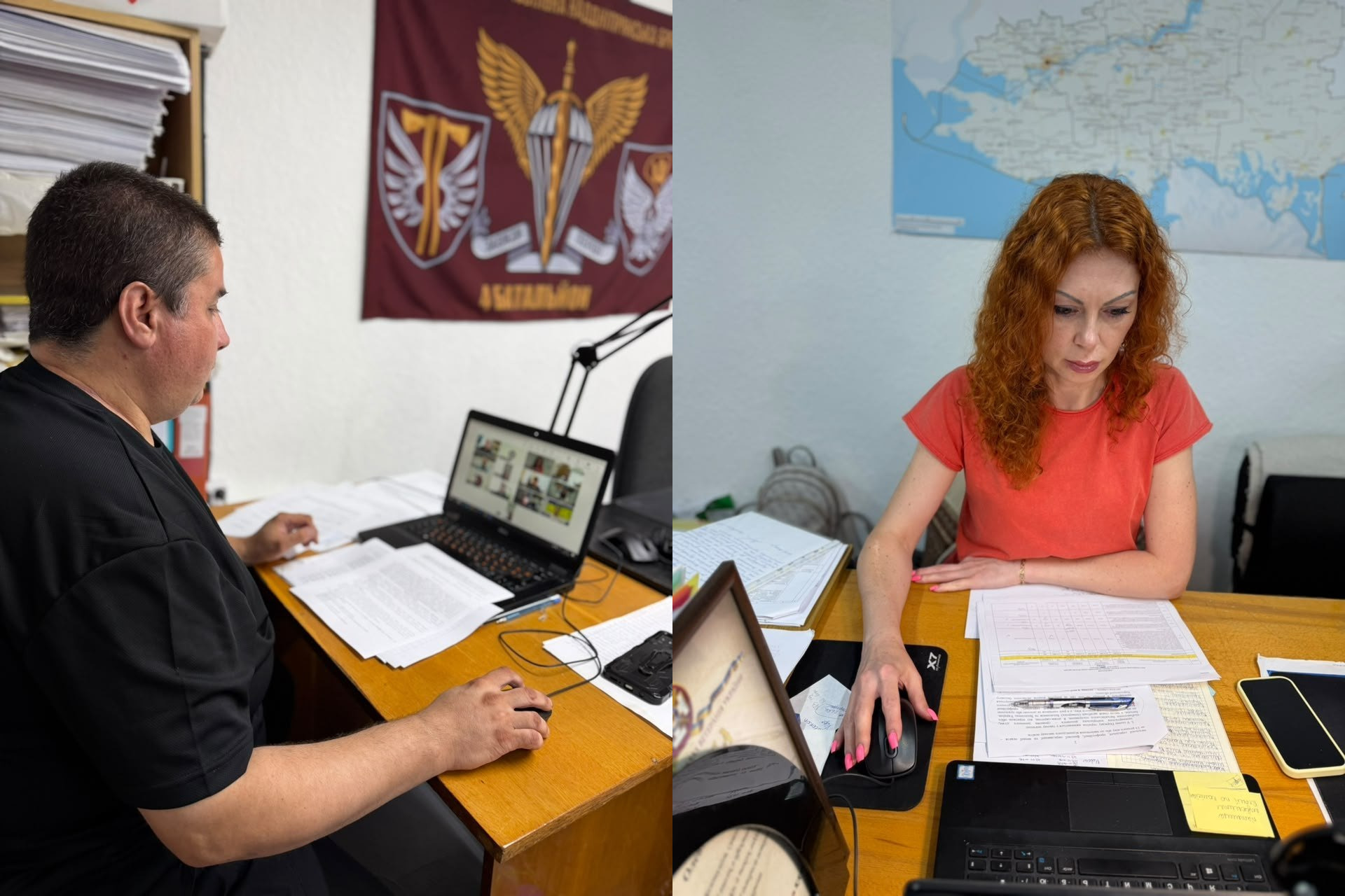 Колаж із двох фотографій, на яких чоловік та жінка працюють за робочими столами з ноутбуками та документами на тлі військового прапора та карти.