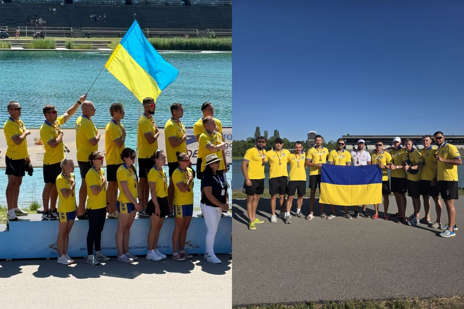 Колаж із двох фотографій української спортивної делегації на веслувальному стадіоні в сонячний день. На лівому знімку спортсмени та тренери в жовто-блакитній формі стоять на п'єдесталі під час виконання гімну, приклавши руки до серця, а один із них тримає прапор України. На правому знімку чоловіча частина команди з медалями на шиї позирує для спільного фото на тлі води, розгорнувши український прапор.