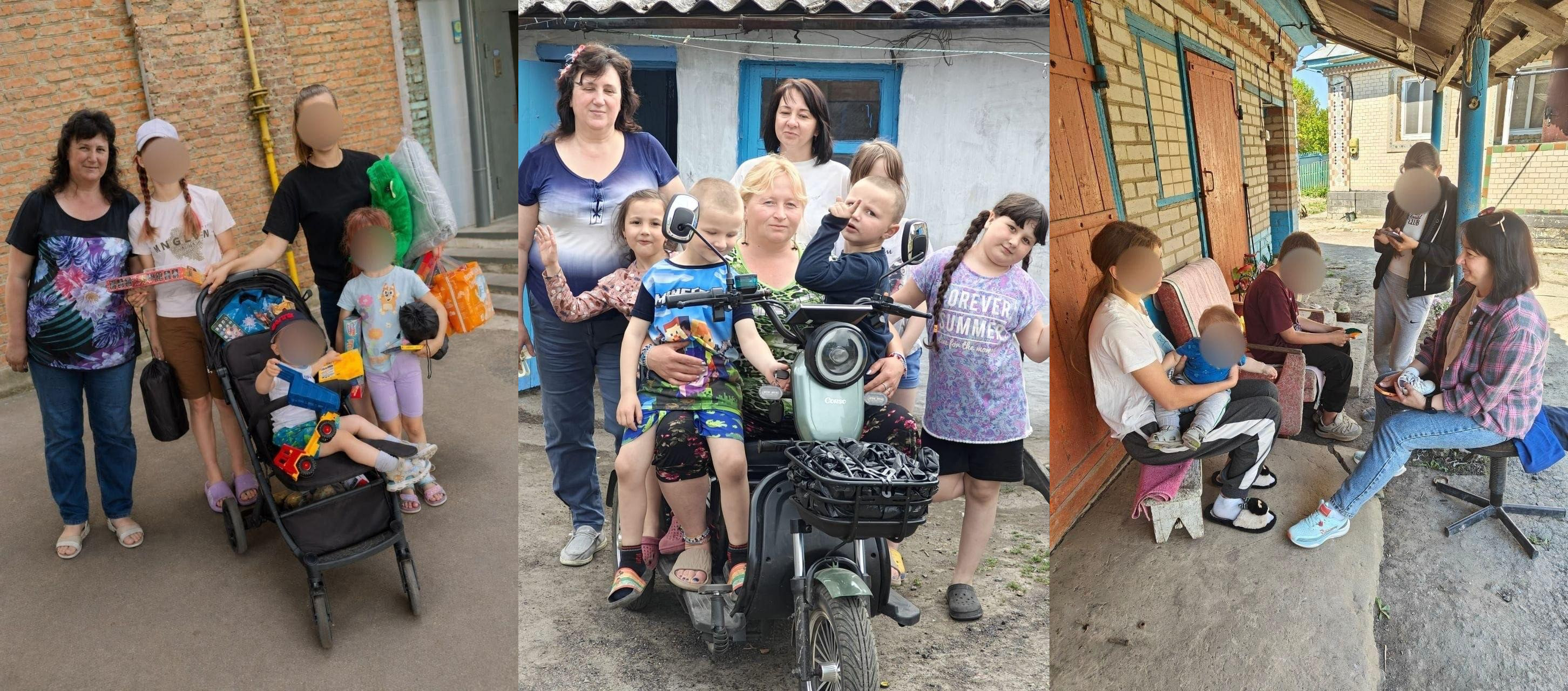 Колаж із трьох фотографій, на яких начальниця Мирненської СВА Скадовського району Валентина Головата (темноволоса жінка у синій футболці з білим верхом та у темній футболці з принтом) разом із колегами відвідує місцеві родини з дітьми на подвір’ях їхніх будинків та передає допомогу й дитячі речі.