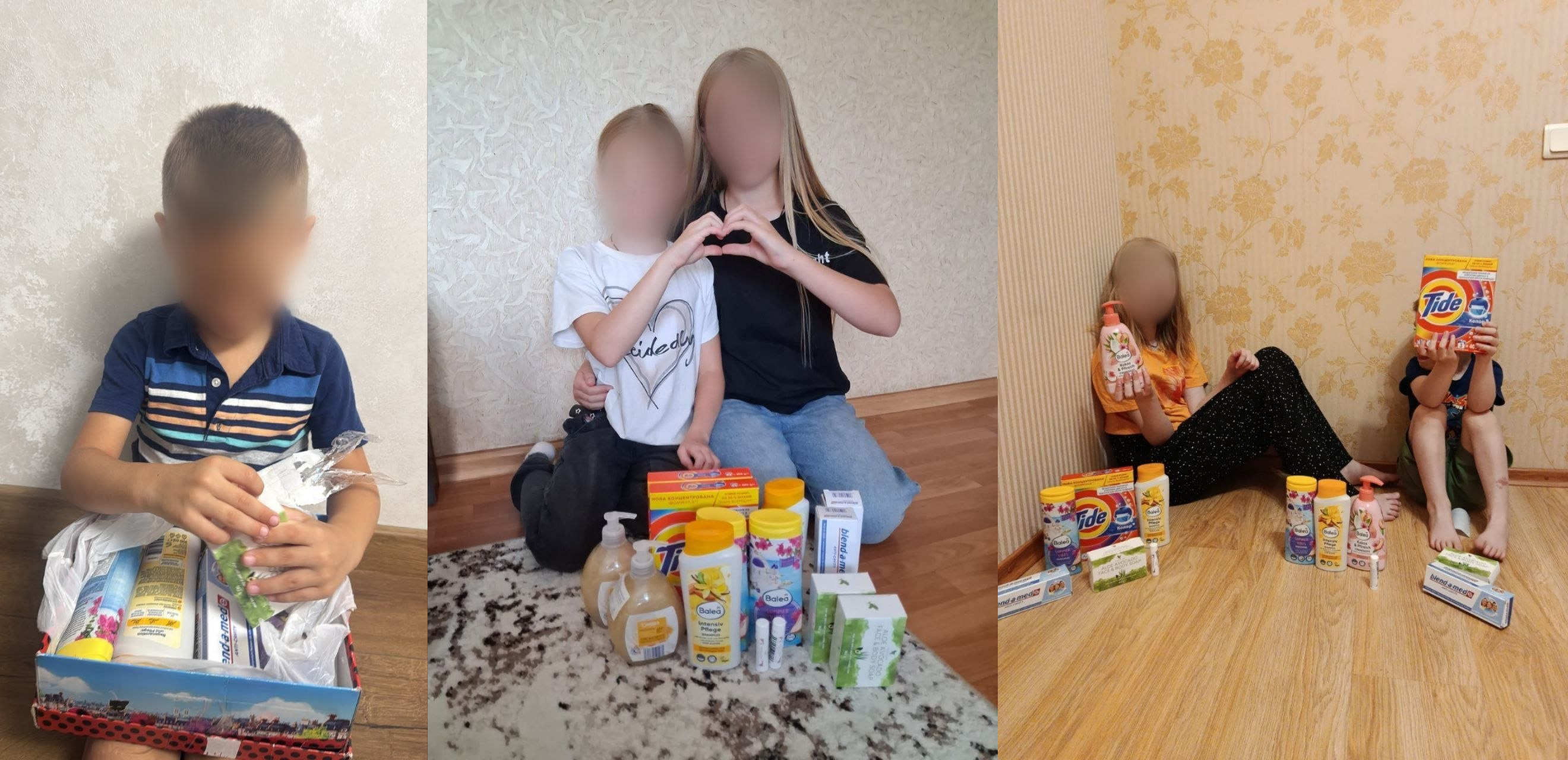 Колаж із трьох фотографій, на яких діти з розмитими з метою конфіденційності обличчями показують отриману гуманітарну допомогу або покупки. Ліворуч хлопчик тримає коробку з гелями для душу та зубною пастою. Посередині двоє дітей склали руки у формі серця над пакунками з побутовою хімією, порошком Tide та милом. Праворуч двоє дітей сидять на підлозі в кімнаті, тримаючи в руках та розставивши навколо себе пральний порошок, рідке мило та засоби гігієни.