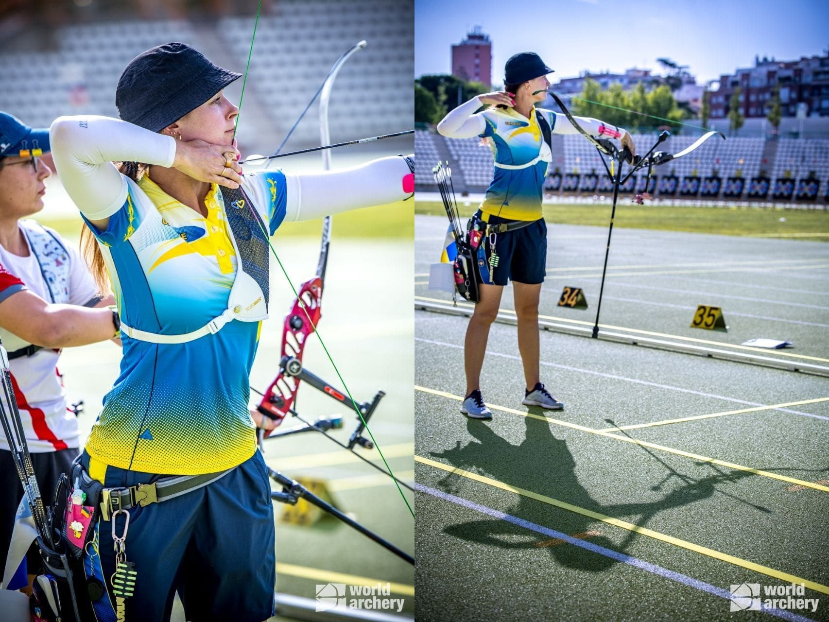 Колаж із двох фотографій спортсменки під час змагань зі стрільби з лука на відкритому стадіоні. Ліворуч показано крупний план лучниці у синьо-жовтій формі та панамі в момент прицілювання, а праворуч — її ж у повний зріст на стрілецькій позиції. В кутках обох кадрів розміщено логотип World Archery.