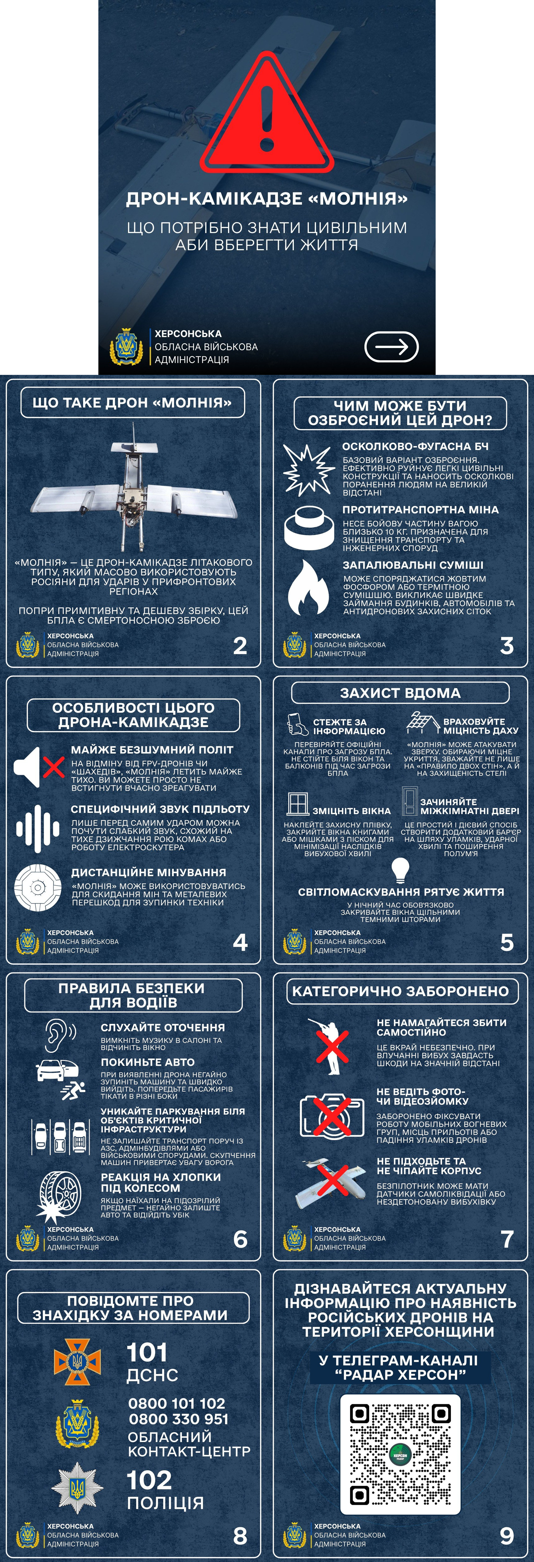 Інфографіка Херсонської обласної військової адміністрації про дрон-камікадзе «Молнія» із правилами безпеки, характеристиками безпілотника, контактами екстрених служб (101, 102) та QR-кодом для переходу в телеграм-канал.