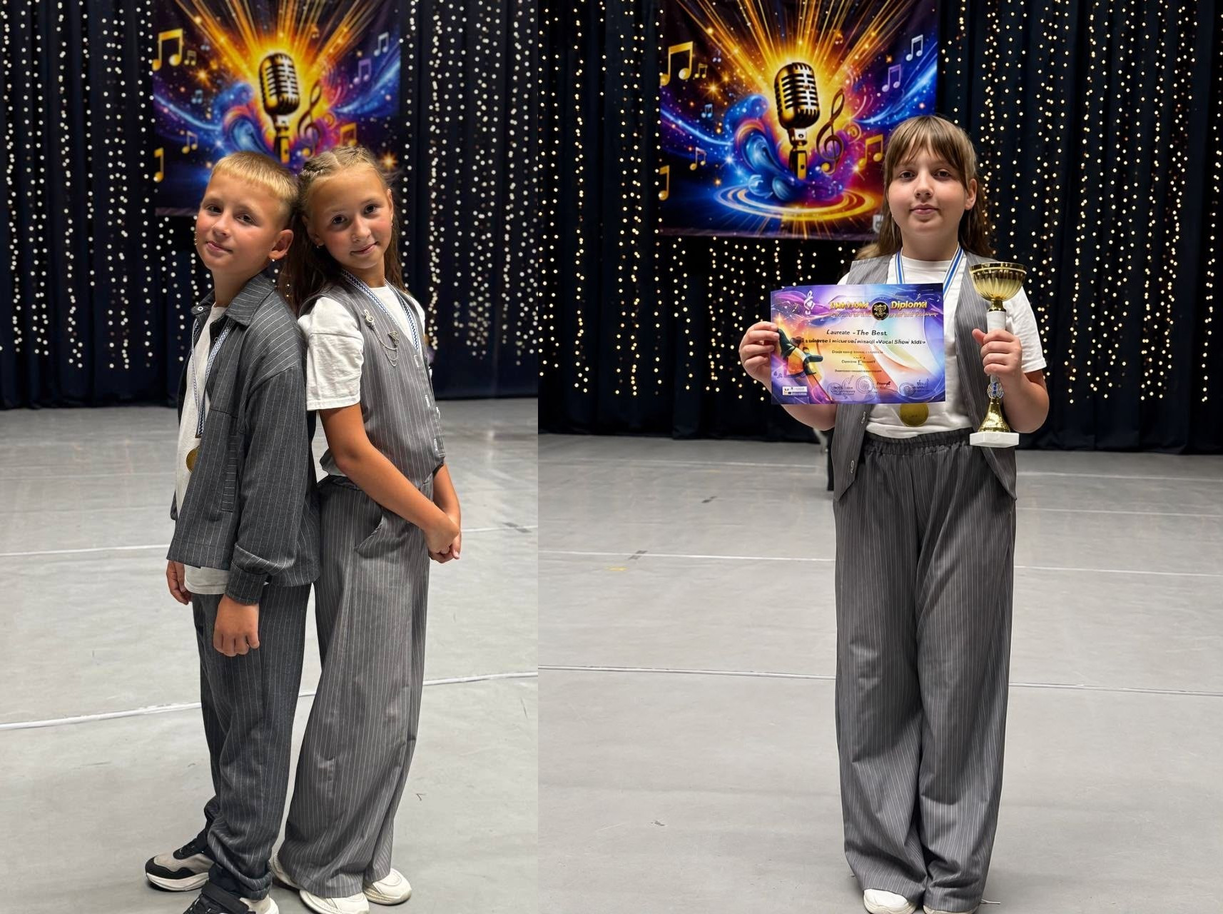 Колаж із двох фотографій показує юних солістів колективу «Mini Star» на сцені фестивалю «HIT THE TALENTS 2026» у Львові. Ліворуч хлопчик та дівчинка у сірих костюмах позують спина до спини, а праворуч інша дівчинка радісно тримає в руках здобутий диплом вокальної студії «The Best» та золотий кубок переможців.