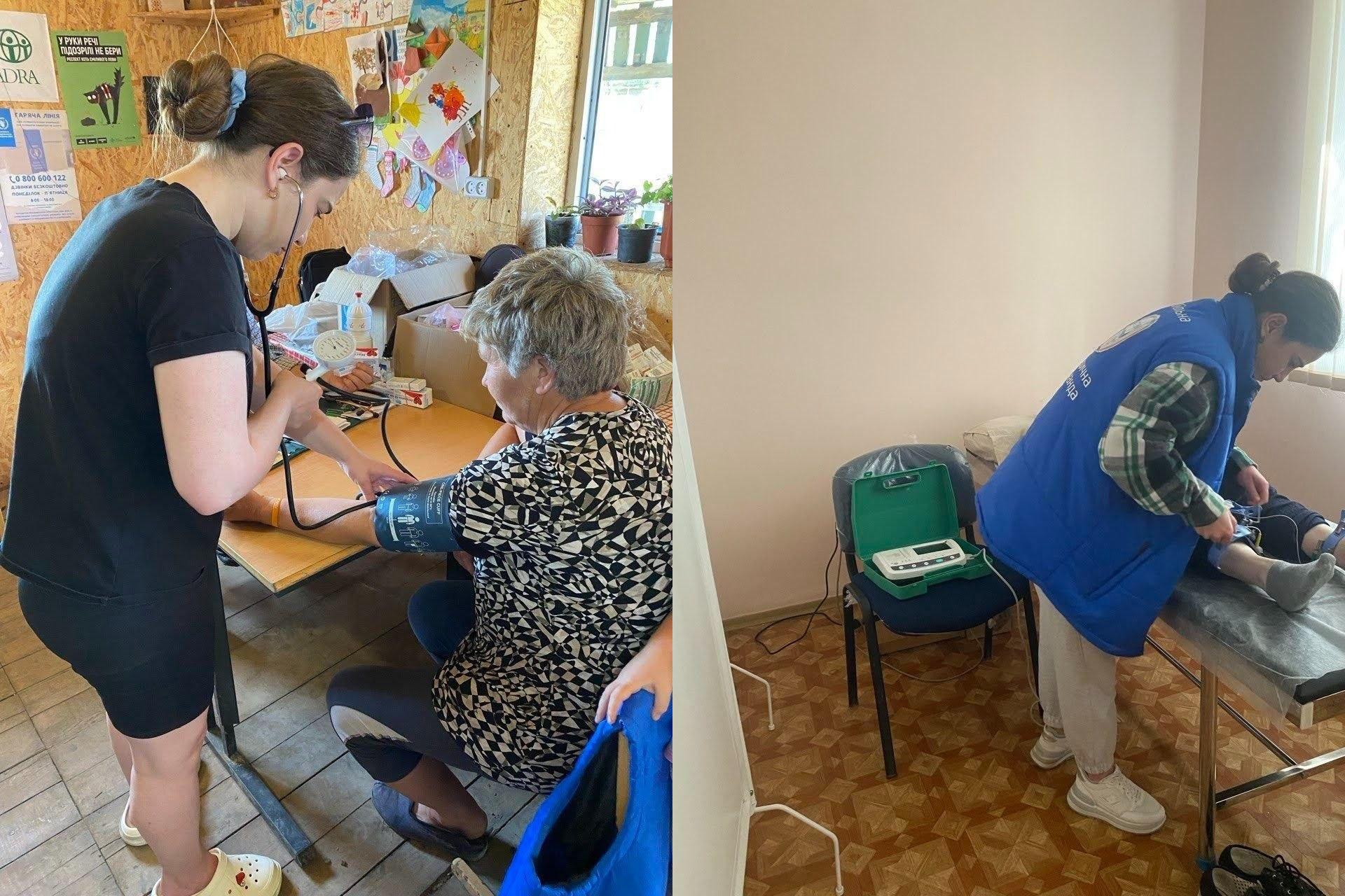 Колаж із двох фото, де одна й та сама лікарка мобільної медичної команди АСМУ приймає пацієнтів у прифронтових селах: на лівому знімку вона вимірює артеріальний тиск літній жінці, а на правому — робить електрокардіограму (ЕКГ) іншій пацієнтці.