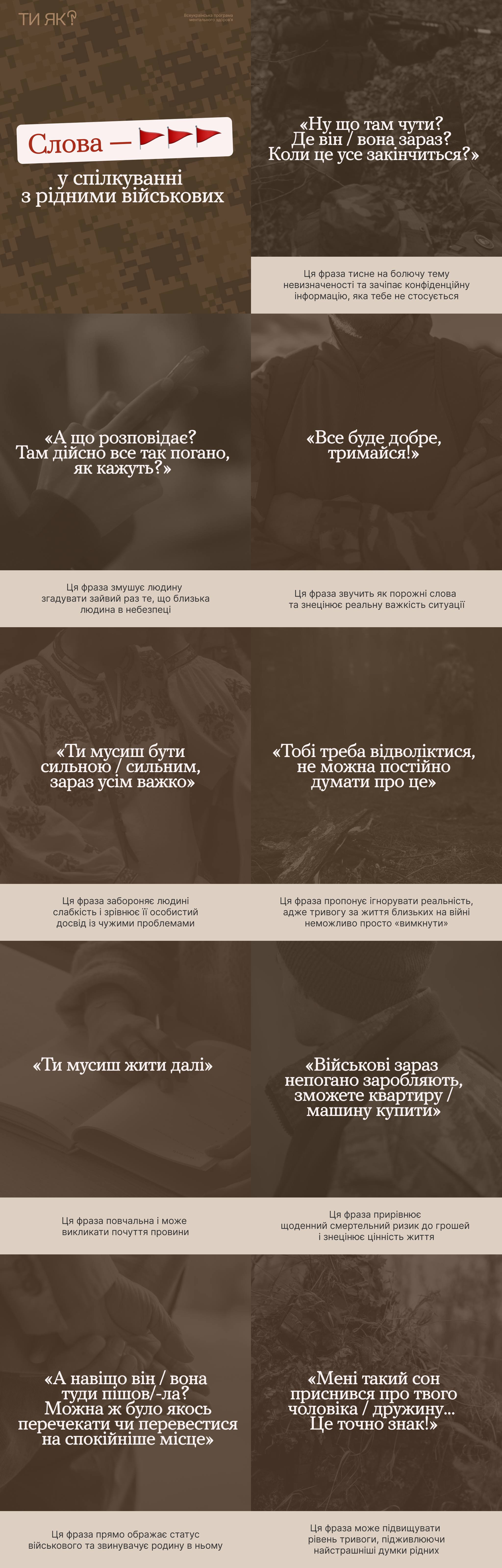 Інфографіка з порадами Всеукраїнської програми ментального здоров’я «Ти як?» під назвою «Слова — червоні прапорці у спілкуванні з рідними військових», де наведено приклади фраз, яких варто уникати, та пояснення їхнього негативного впливу.
