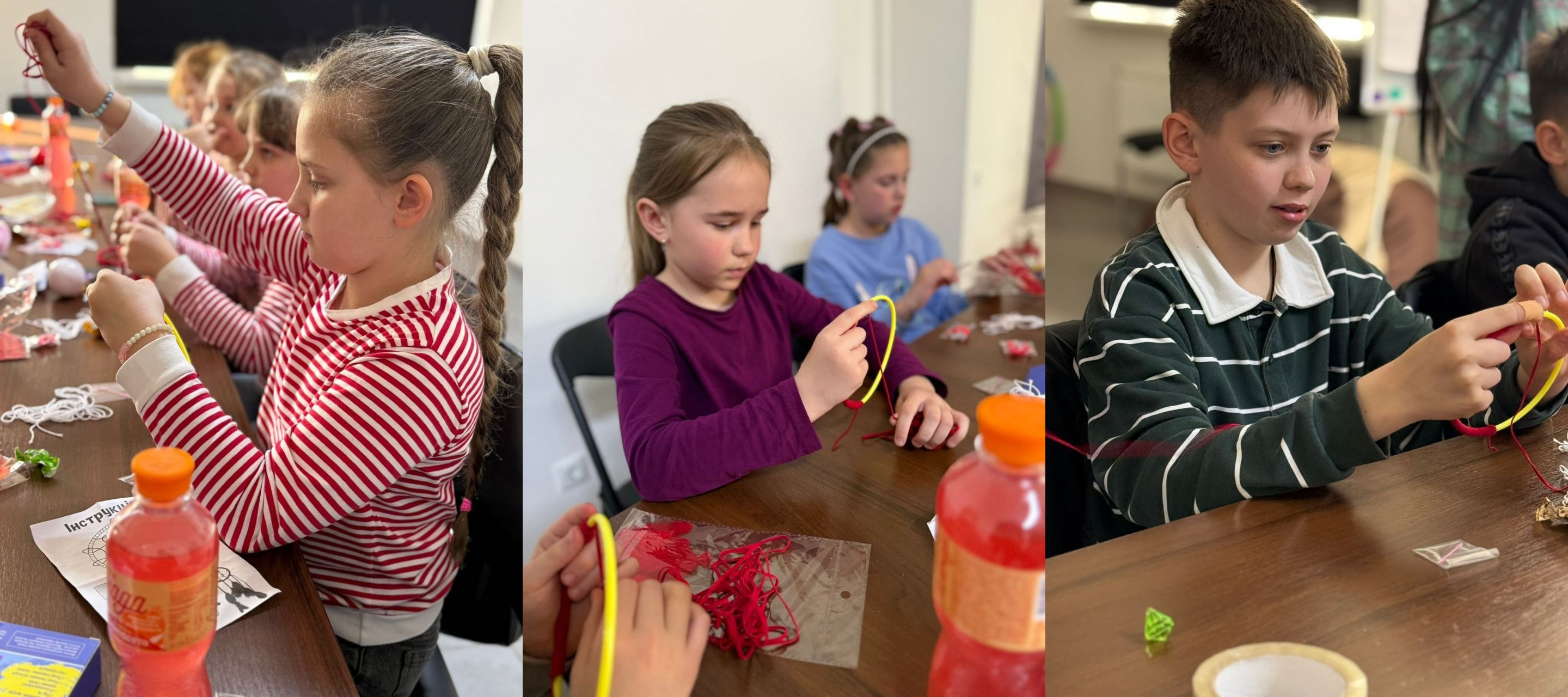 Колаж із трьох фотографій, на яких діти зосереджено працюють над рукоділлям за столом. Вони використовують кольорові нитки та гнучкі трубки для створення поробок під час творчого заняття.