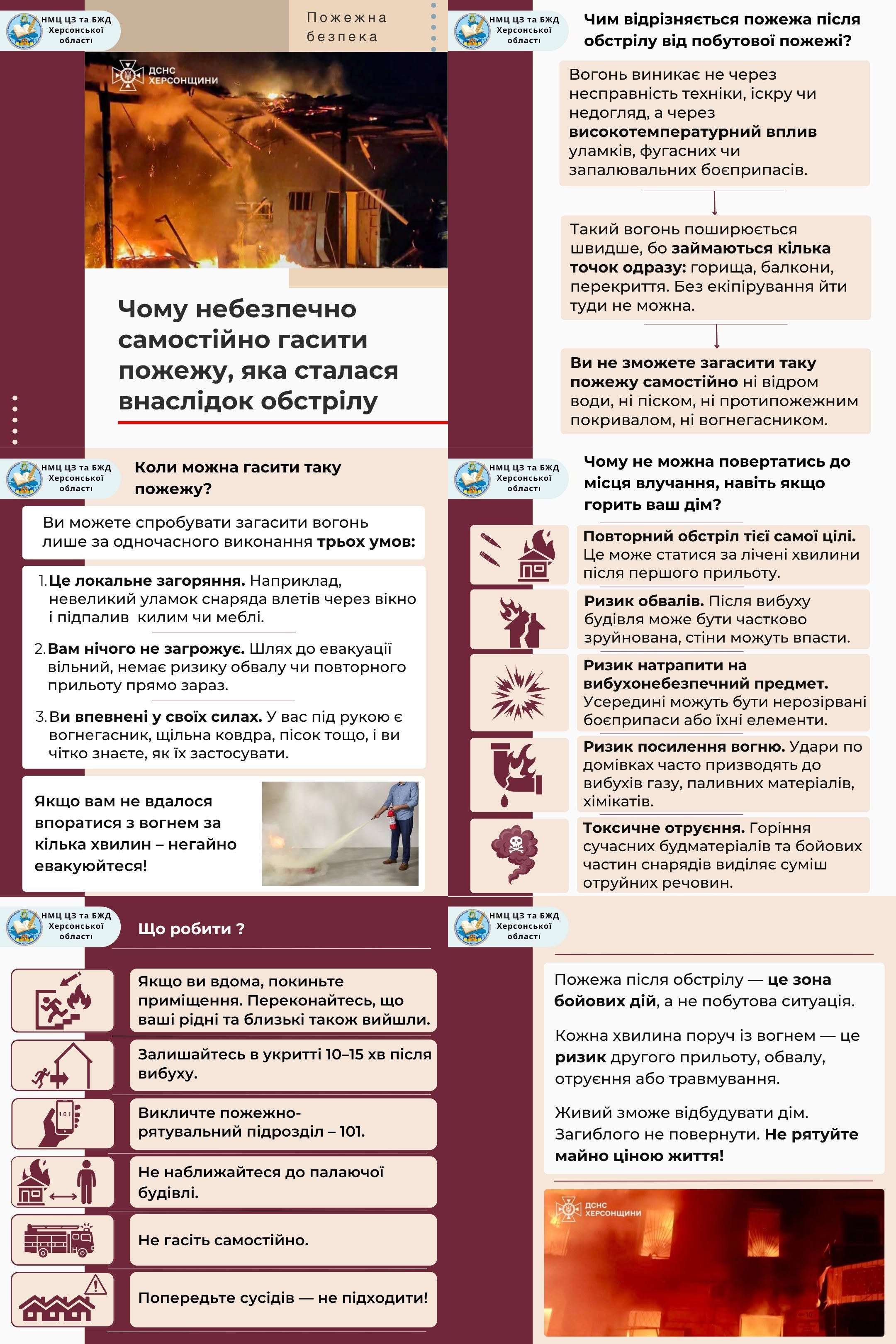Інформаційна пам'ятка ДСНС та НМЦ ЦЗ та БЖД Херсонської області про правила пожежної безпеки, де роз'яснюються ризики та алгоритм дій у разі виникнення пожежі внаслідок ворожих обстрілів.