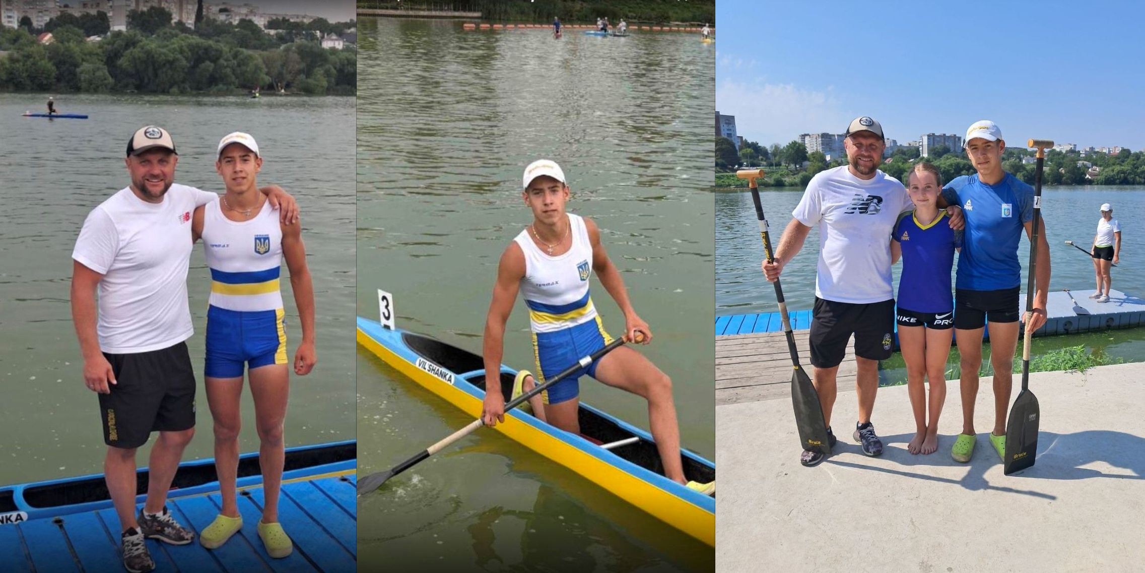 Колаж із трьох світлин херсонських спортсменів-переможців Чемпіонату України з веслування в Умані: ліворуч на синьому причалі тренер Максим Прокопенко обіймає чотириразового чемпіона Івана Кормана у синьо-жовтій формі; посередині Іван Корман сидить із веслом у жовто-блакитному каное «VILSHANKA» на воді; праворуч тренер Максим Прокопенко, золота призерка Марія Прокопенко та Іван Корман позирують із веслами на березі річки.