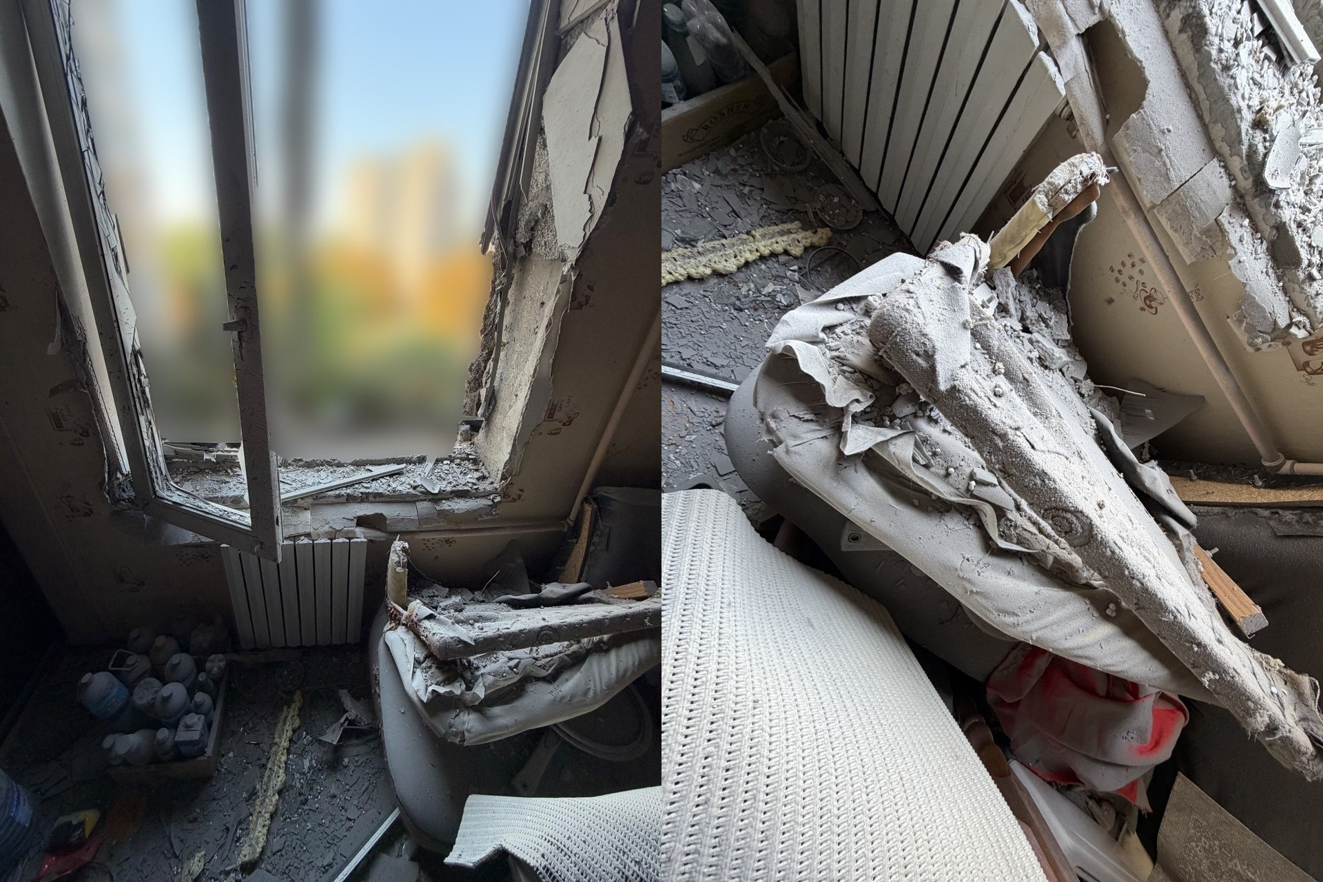 Колаж із двох фотографій показує вибите разом із рамою вікно, зруйновані стінові укоси та внутрішні приміщення оселі в Центральному районі Херсона, які вщент засипані уламками бетону, штукатурки та товстим шаром пилу. Це наслідки вчорашнього російського дронового влучання у багатоповерхівку, внаслідок якого постраждали та були госпіталізовані двоє 70-річних мешканців у середньому стані тяжкості.